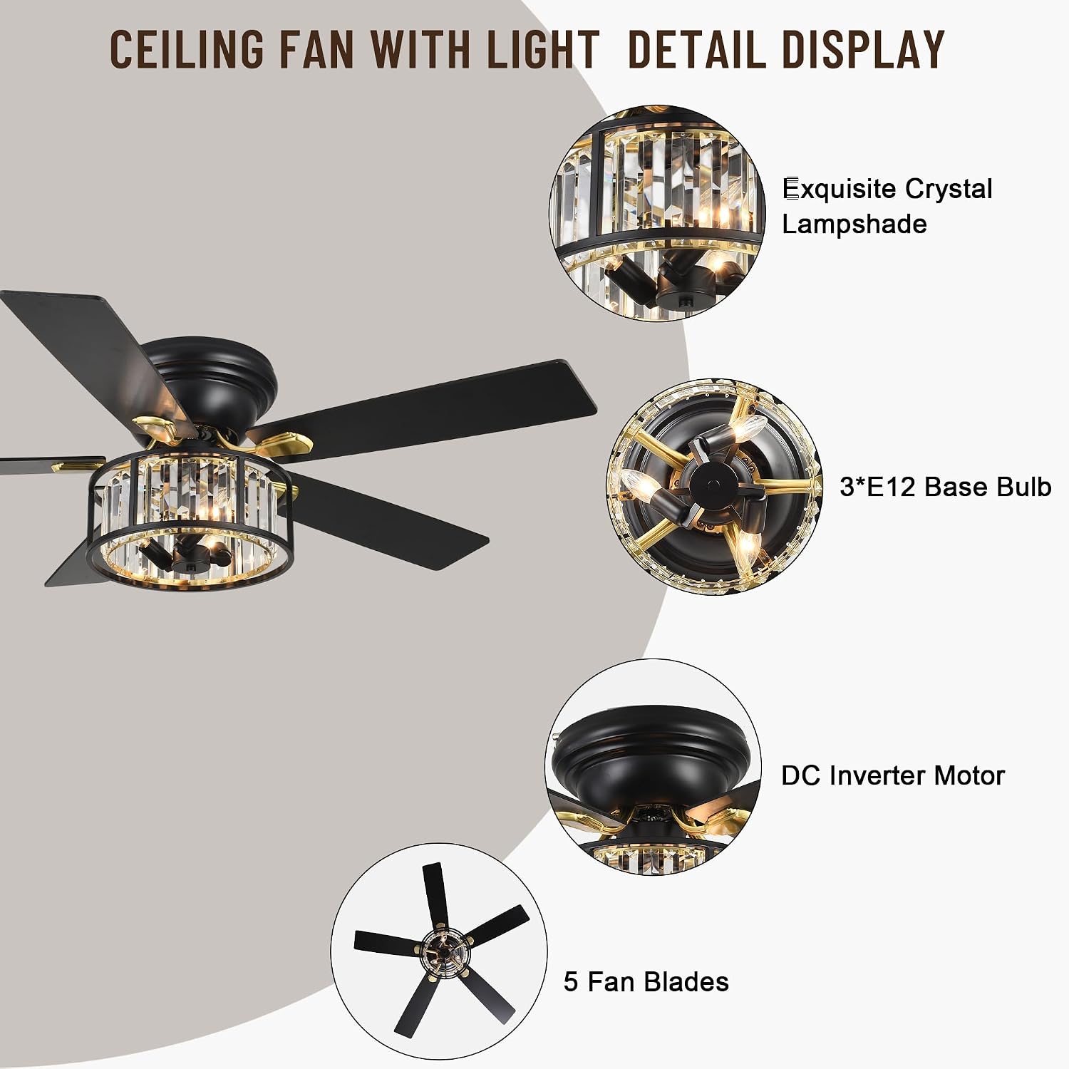 52' Crystal Farmhouse Ceiling Fan with Lights and Remote,Flush Mount Ceiling Fan,Chandelier with 5 Reversible Blades,3 E12 Base Lights,Quiet Motor for Living Room,Dining Room,Bedroom