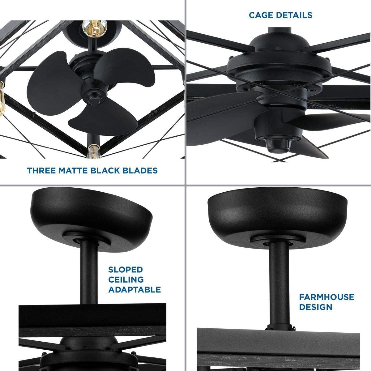 Progress Lighting Briarwood Collection 22-Inch 3-Blade AC Motor Farmhouse Ceiling Fan Matte Black, 17.00x22.00x22.00