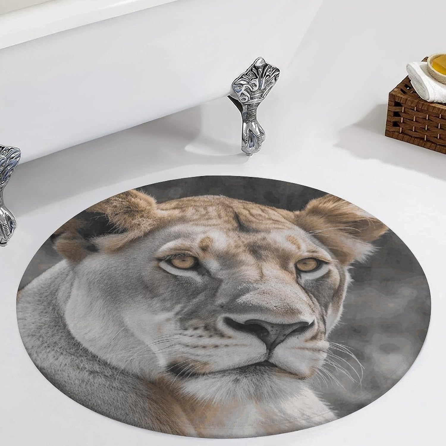 Lioness with Blue Green Eyes Coral Velvet Round Floor Mat Non-Slip Bath Rug Floor Covering for Bathroom Vanity Guest Suite & Vacation Home