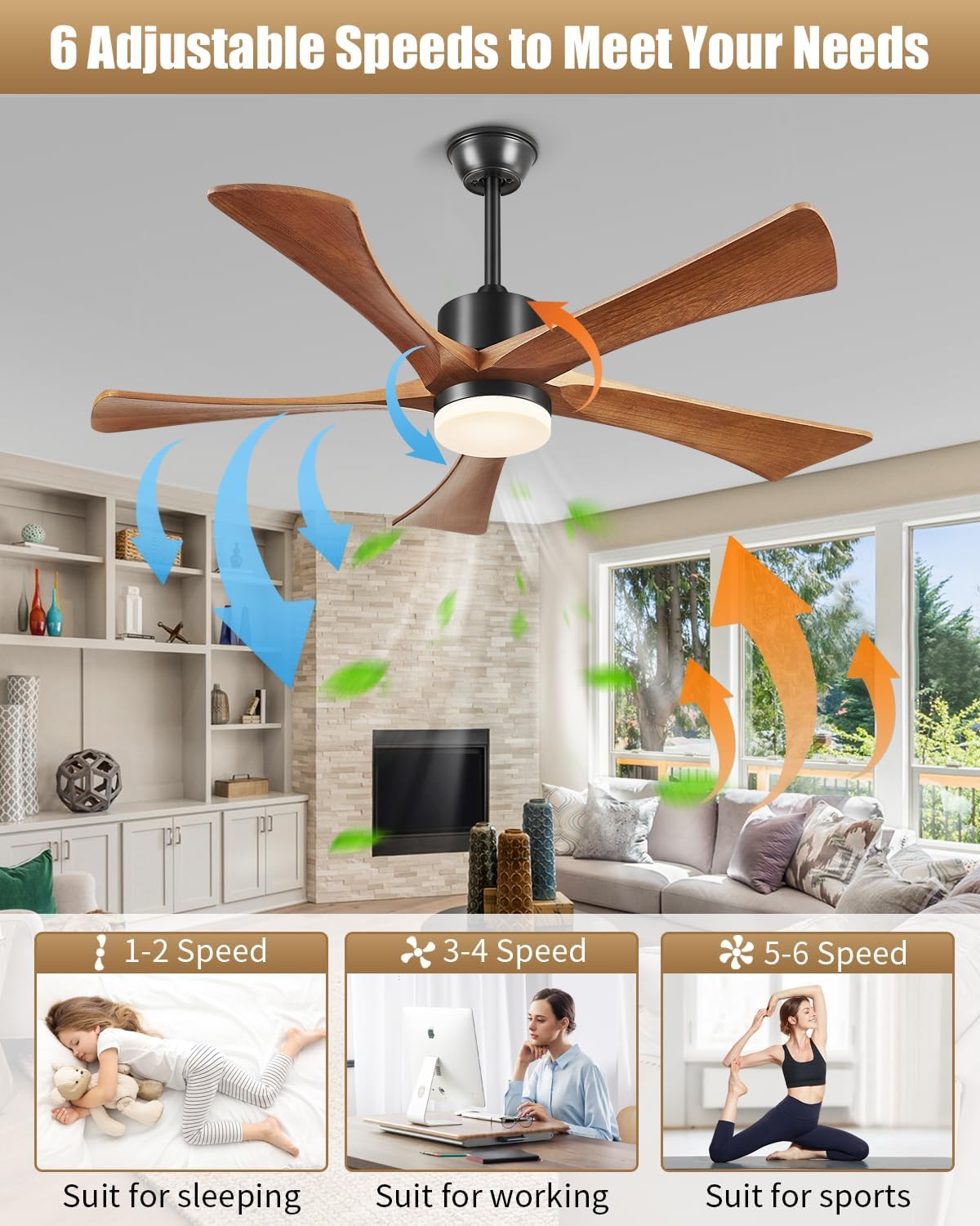 Ceiling Fans with Lights and Remote, 52 Inch Outdoor Fans for Patios, USA Original Patent, ETL Listed, 3 Downrods, 5 Blades, 6 Speeds Reversible Noiseless DC Motor Wood Fans for Farmhouse, 52', Walnut