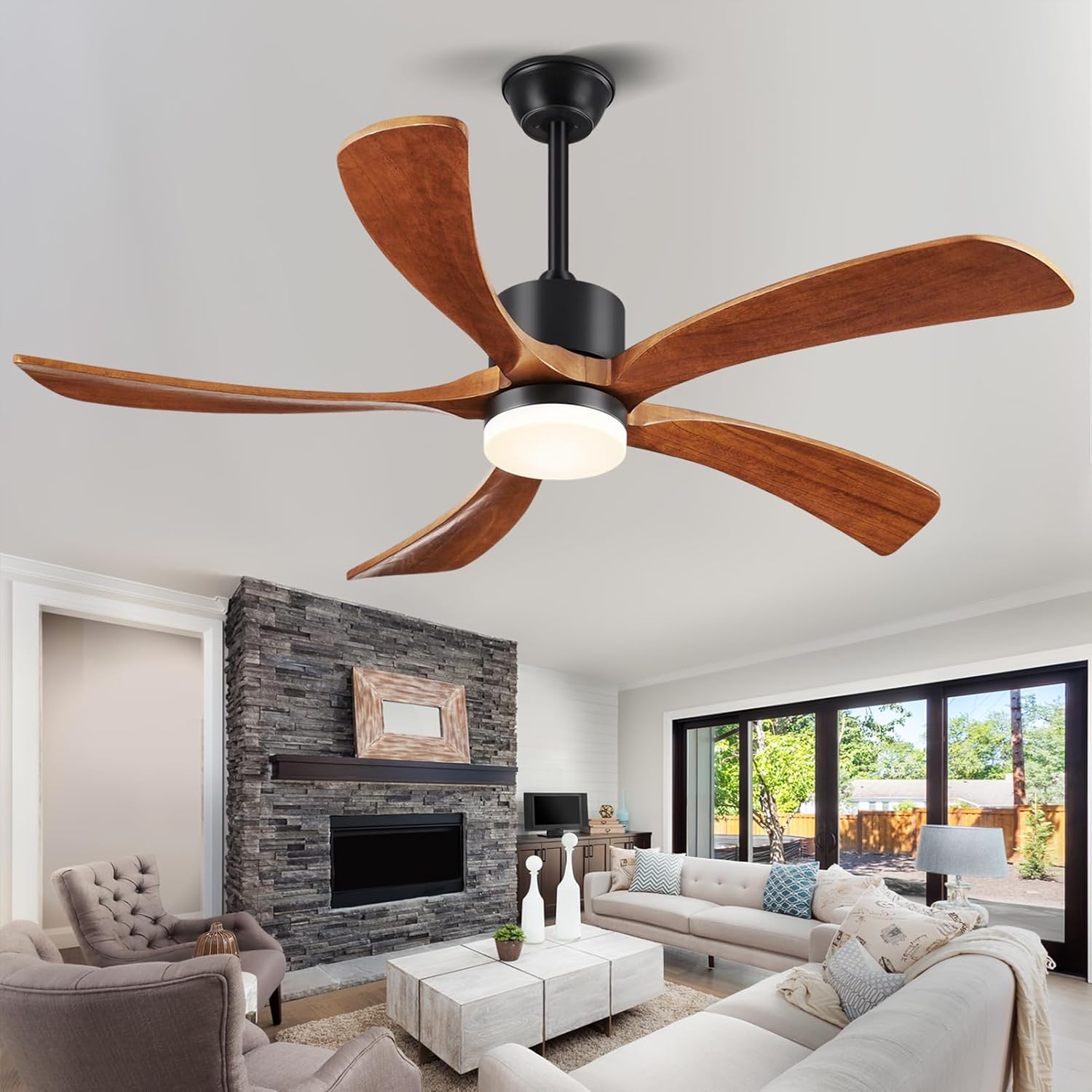 72 In Ceiling Fans with Lights and Remote, USA Original Patent 72' Large Ceiling Fan, 3 Downrods, 5 Solid Wood Blades, 6 Speeds Quiet DC Motor Modern Outdoor Indoor Fan, 72in Yellow Walnut