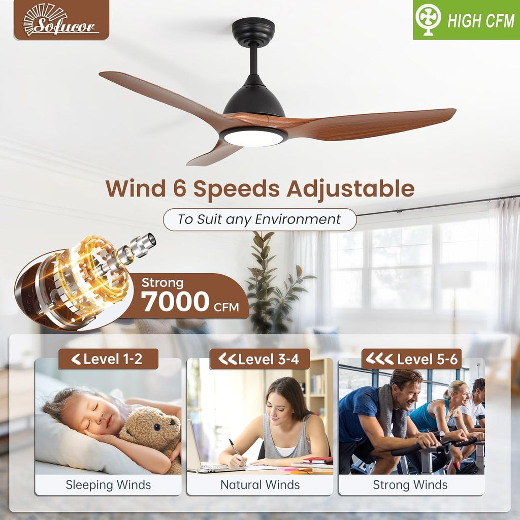 Sofucor 52 Inch Smart Ceiling Fan with Light, Modern Ceiling Fan with 3 Plastic Blade, Quiet, Dimmable, Compatible with Alexa/Google/App, 6 Speeds 7000CFM, Timer Quiet Reversible DC Motor, ETL, Brown