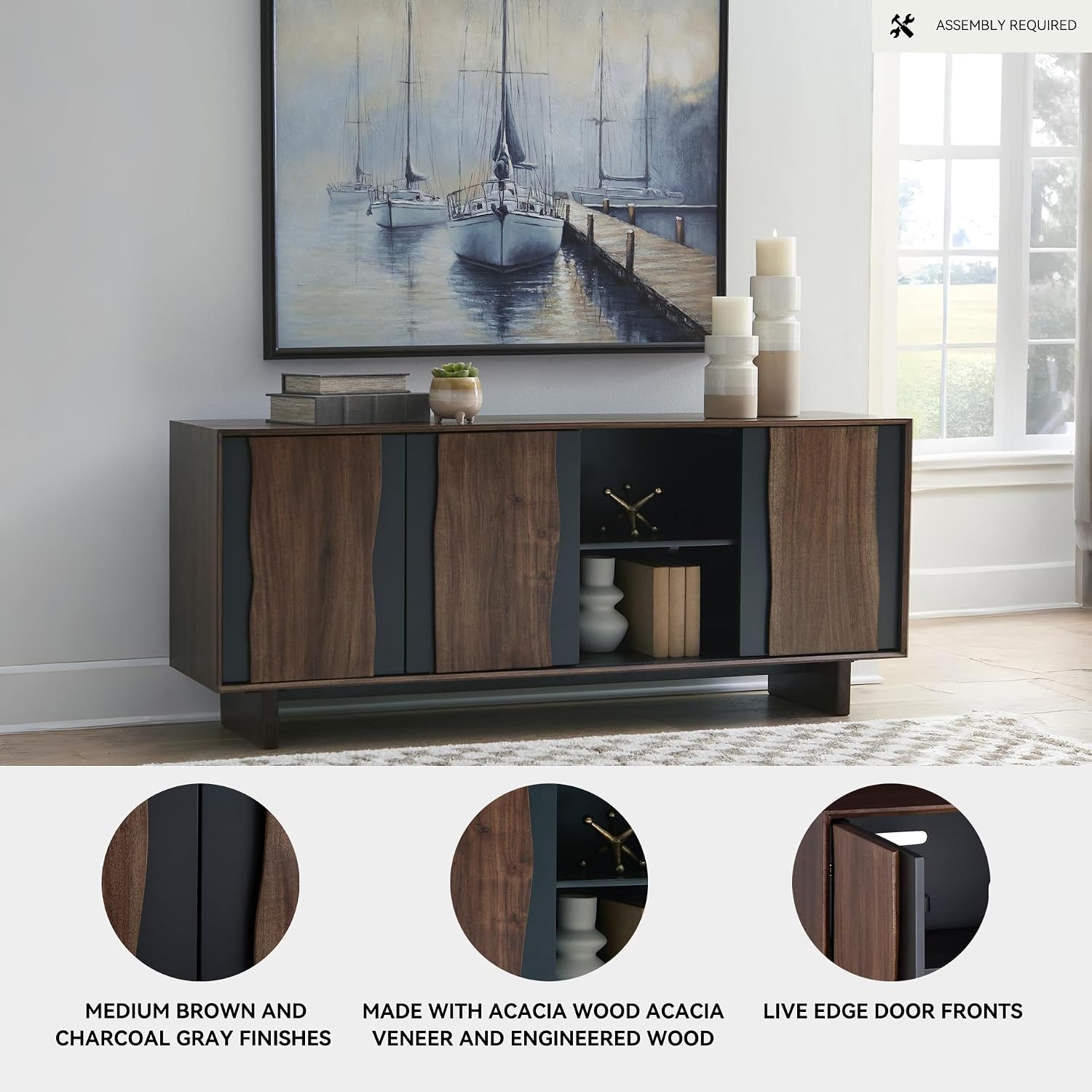 Signature Design by Ashley Welby Accent Cabinet, 71' Live Edge Storage Cabinet, Crafted with Acacia Wood, Acacia Veneer and Engineered Wood, Modern TV Stand Console, Brown/Charcoal