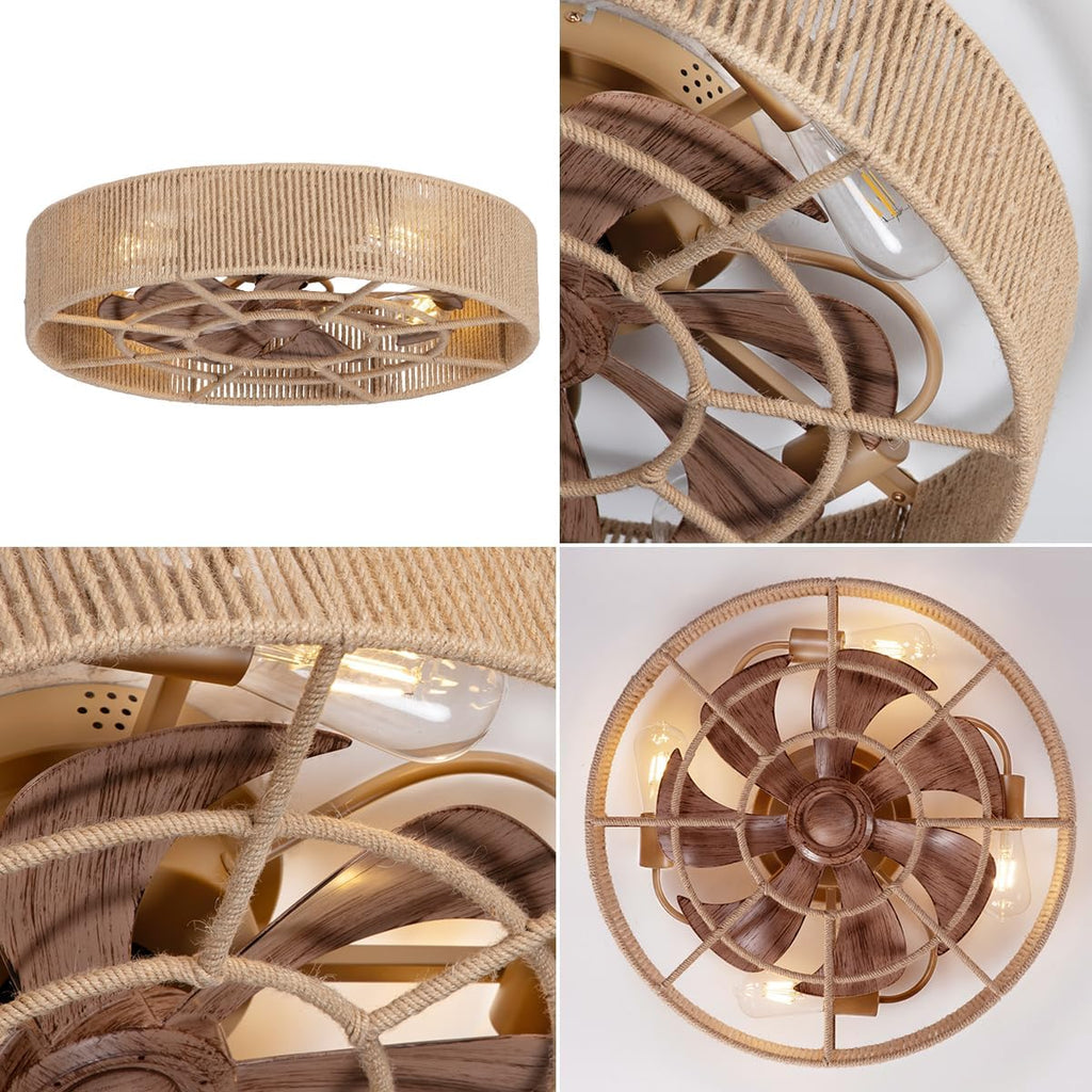 SHLUCE 22' Rattan Boho Caged Ceiling Fan with Light, Flush Mount Low Profile Ceiling Fan with Light, Rustic Large Bladeless Ceiling Fans with Lights and Remote for Bedroom, Living Room, Kitchen - ETL