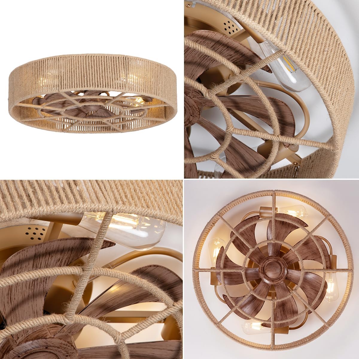 SHLUCE 22' Rattan Boho Caged Ceiling Fan with Light, Flush Mount Low Profile Ceiling Fan with Light, Rustic Large Bladeless Ceiling Fans with Lights and Remote for Bedroom, Living Room, Kitchen - ETL