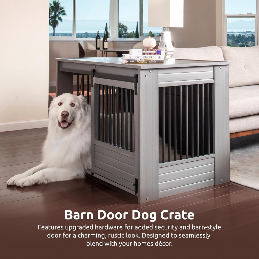 New Age Pet ECOFLEX® X-Large Barn Door Dog Crate & End Table, Indoor Furniture Style Kennel for Medium & Large Dogs, Durable Material in White and Grey