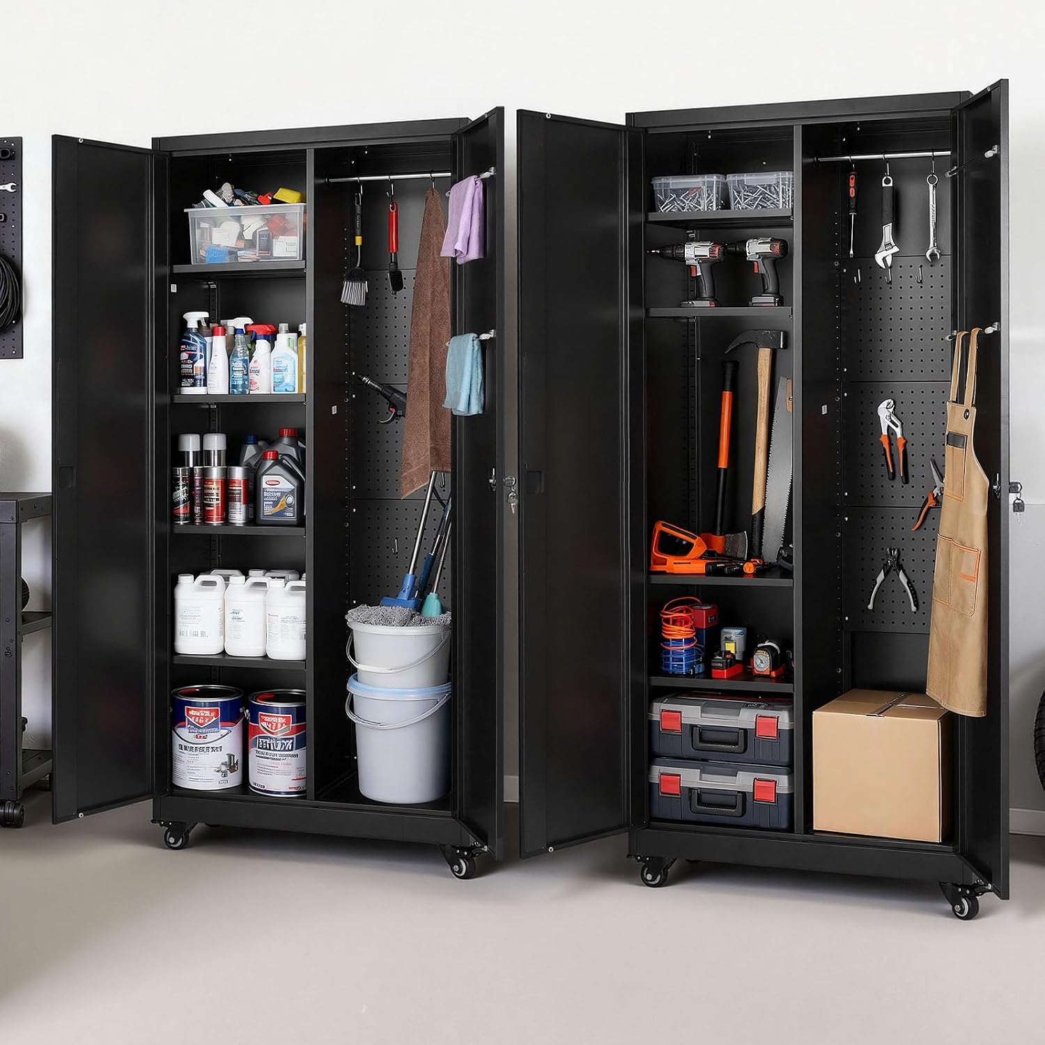 VEVOR Metal Storage Cabinet, 70.6 in Rolling Steel Garage Cabinet with Adjustable Shelves, 2 Magnetic Doors, Hanging Rod & 3 Rod Hooks, 5 Tiers Lockable Tool Storage for Pantry, Warehouse, Basement
