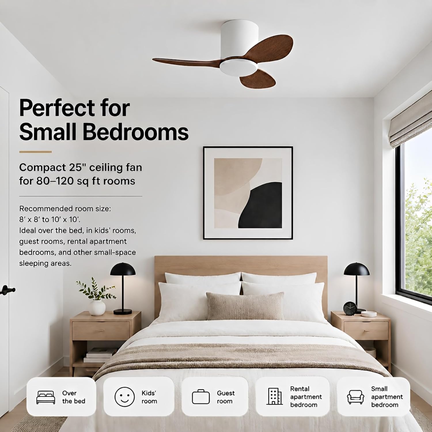 Flush Mount Ceiling Fan No Light Modern Small Ceiling Fans Remote Control 6 Speeds 25 Inch Ceiling Fan Without Lights Quiet DC Motor, 3 Blades For Restaurant Bedroom Patio Indoor