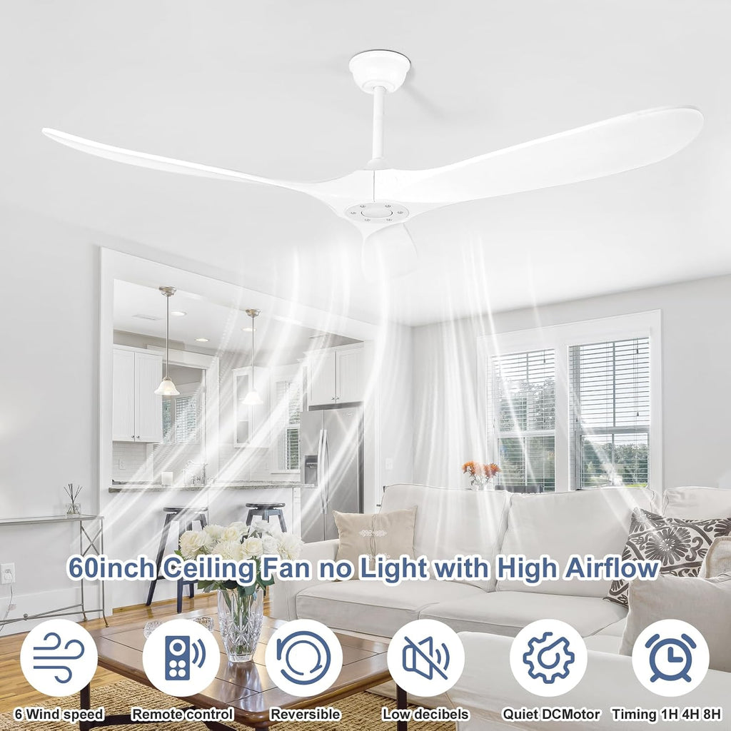 Solid Wood Ceiling Fans no Light,60'' White Ceiling Fan with Remote Control,DC Motor with Large Airflow,Indoor and Outdoor Ceiling Fan for Living Room,Bedroom,Patios