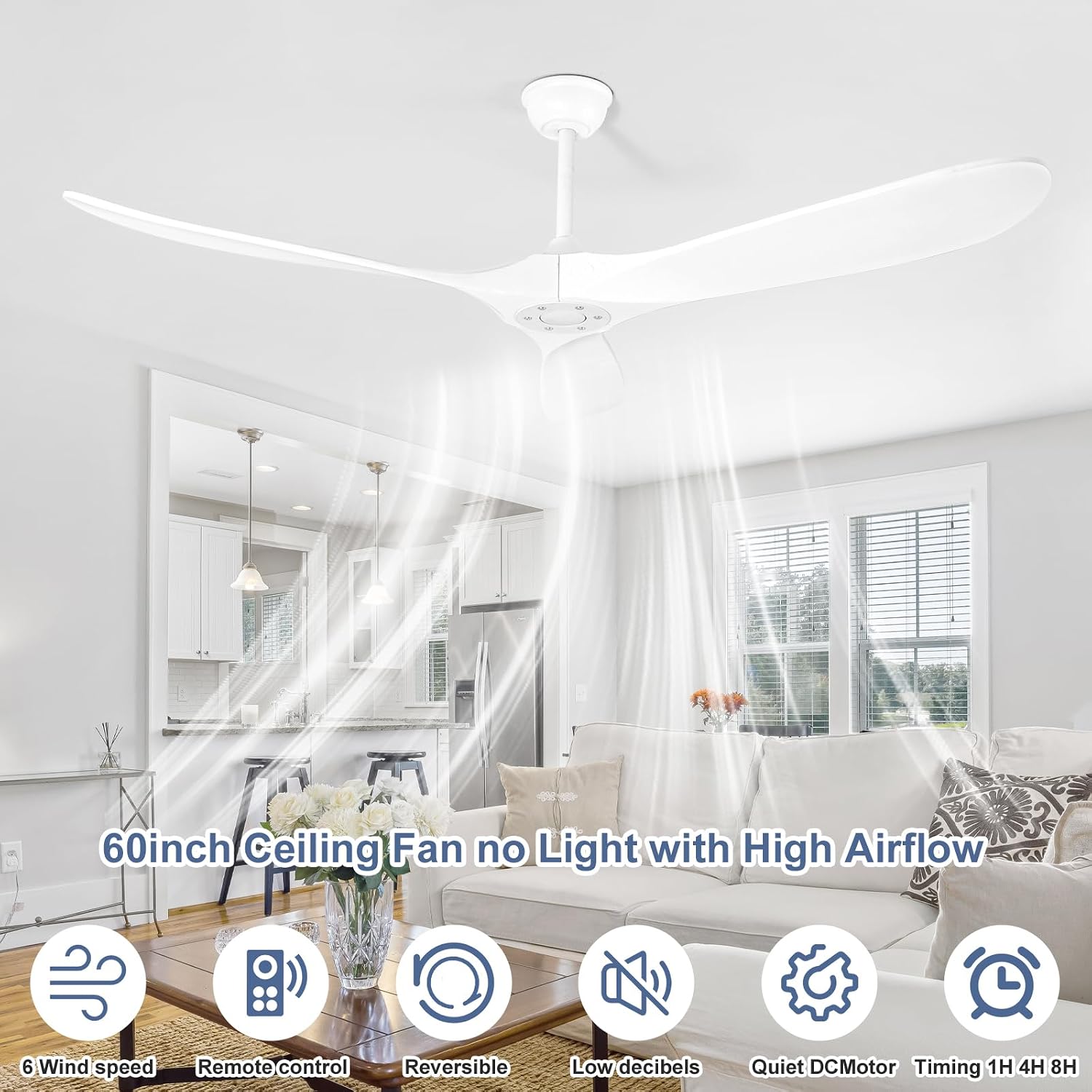 Solid Wood Ceiling Fans no Light,60'' White Ceiling Fan with Remote Control,DC Motor with Large Airflow,Indoor and Outdoor Ceiling Fan for Living Room,Bedroom,Patios