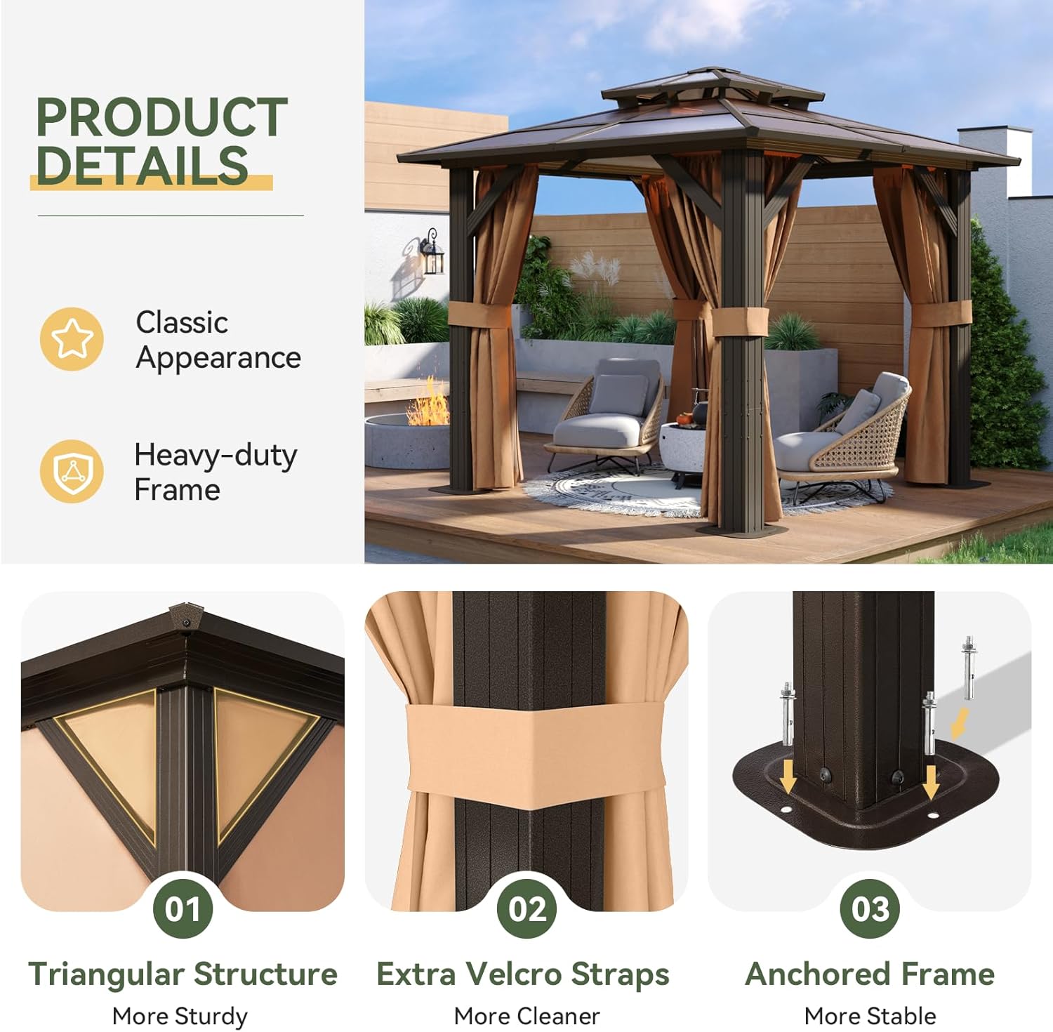 Aoxun 8'x8' Hardtop Gazebo, Metal Frame Permanent Pavilion with Curtains and Netting, Outdoor Polycarbonate Double Roof Canopy, Designed for Garden, Lawns, Patio, Brown