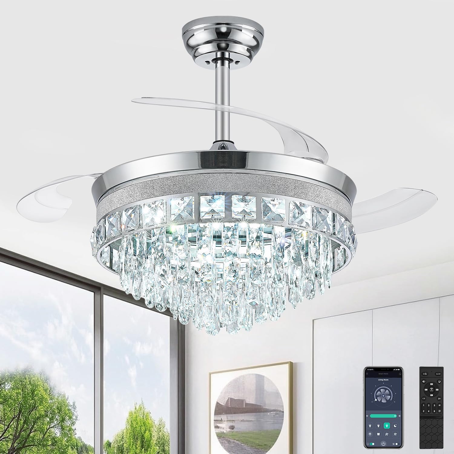 42 Inch Fandelier Ceiling Fan with Light, Chandelier Ceiling Fans with Lights, Crystal Ceiling Fans for Bedroom Living Room, LED Dimmable, 6 Wind Speed,3 Color Temperatures-Chrome