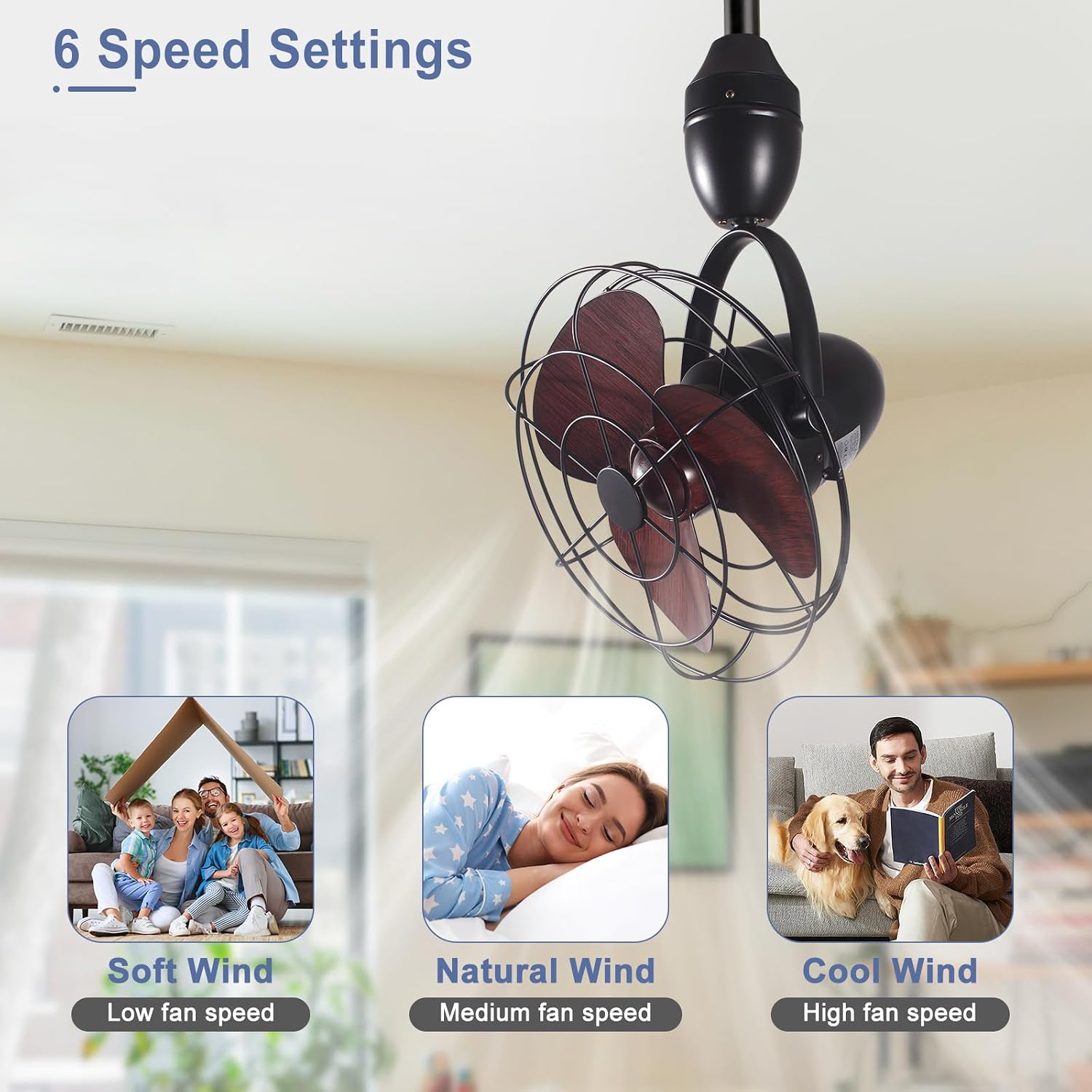 Depuley Oscillating Ceiling Fan with Remote: Black and Walnut Wall Mount Fan Ceiling for Patio - Caged Outdoor Wall Fan for Indoor Bedroom Kitchen - 80° Oscillation 100° Adjustable