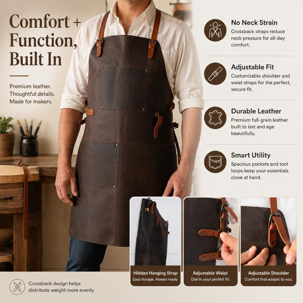 Theodore Premium Top Grain Leather Apron with Cross‑Back for Men & Women – 32.5″ × 24.5″ Heavy‑Duty BBQ, Cooking, Woodworking Apron with Two Large Tool Pockets
