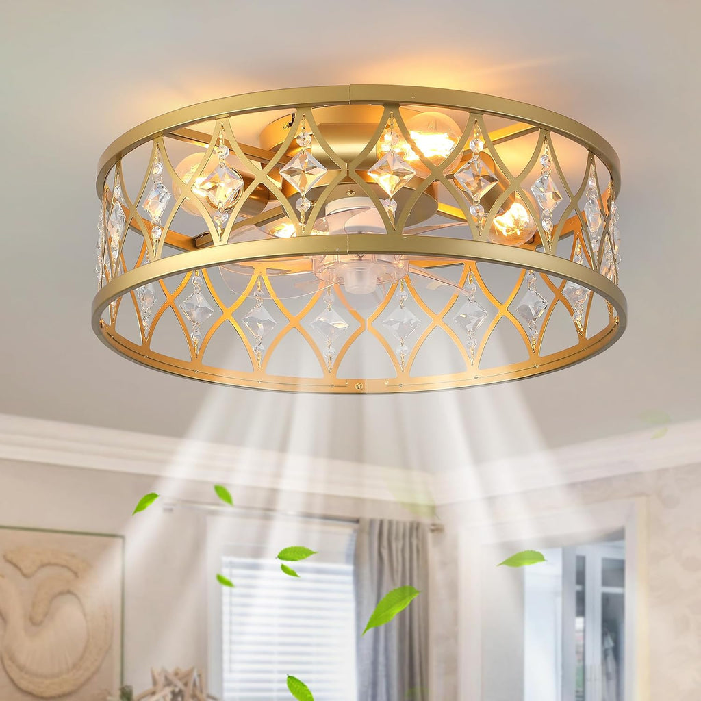 Garwarm Caged Ceiling Fan with Light,20' Ceiling Fans with Lights and Remote,Bladeless Fandelier Small Low Profile Ceiling Fan Light Fixture for Bedroom,Kitchen,Dining Room,Gold