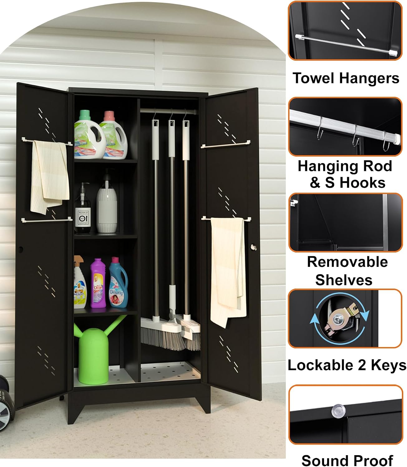 Metal Storage Cabinet with Lock, 71' Garage Storage Cabinets with Hanging Rod & S-Hooks, Large Storage Cabinet, Locking Tool Utility Closet, Black