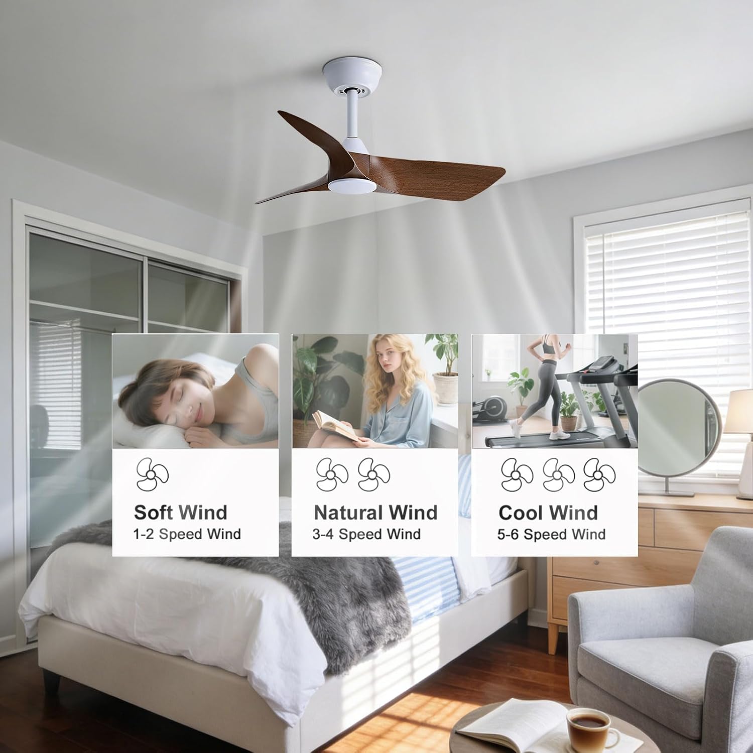 30 Inch Small White Ceiling Fan No Light with Remote 6 Speeds | 30 inch quiet ceiling fan without light. 6 speeds reversible DC motor timer for small room bedroom kitchen covered patio