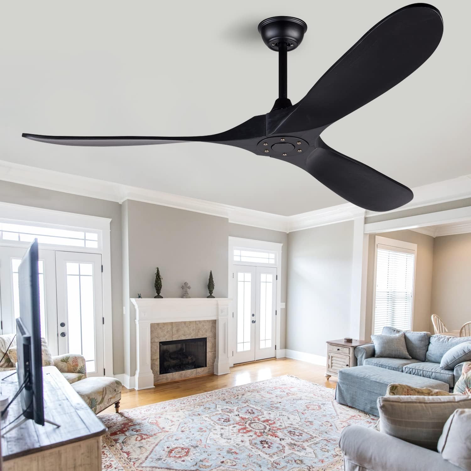 60 Inch Black Ceiling Fan No Light ，Wood Indoor Outdoor Ceiling Fans for Patios Living Room Bedroom Porch Big Farmhouse Ceiling Fan for Flat Sloped Angled Ceiling