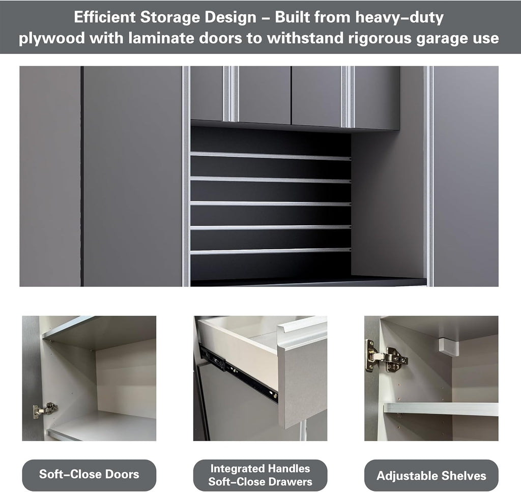 Premium Garage Cabinets 7' Storage Sets Solution with Adjustable Legs, Soft-Close Drawer & Door, Integrated Handles, Heavy Duty Plywood Box Construction, Tool and Equipment Organizer (Combo 7CS-011A)