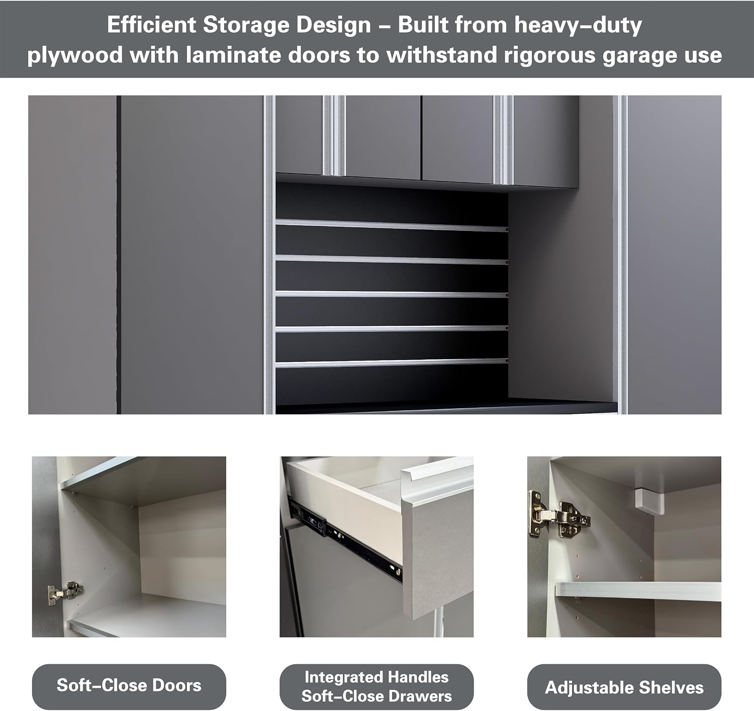 Premium Garage Cabinets 7' Storage Sets Solution with Adjustable Legs, Soft-Close Drawer & Door, Integrated Handles, Heavy Duty Plywood Box Construction, Tool and Equipment Organizer (Combo 7CS-011A)