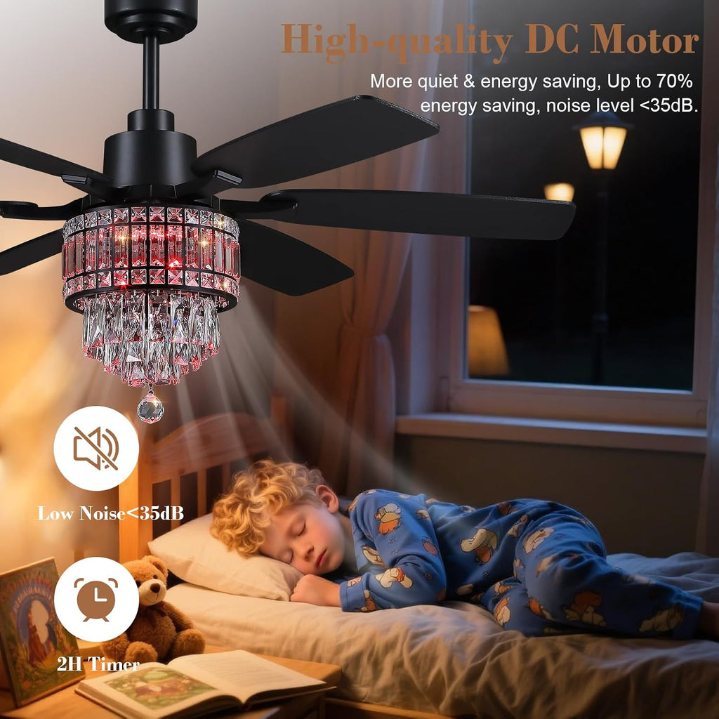 Kviflon 52 Inch Crystal Ceiling Fan with RGB Lights, Black Fandelier Ceiling Fan with Light and Remote/APP Control, Modern Chandelier Ceiling Fan for Bedroom Living Room, Quiet DC Motor, Dimmable LED