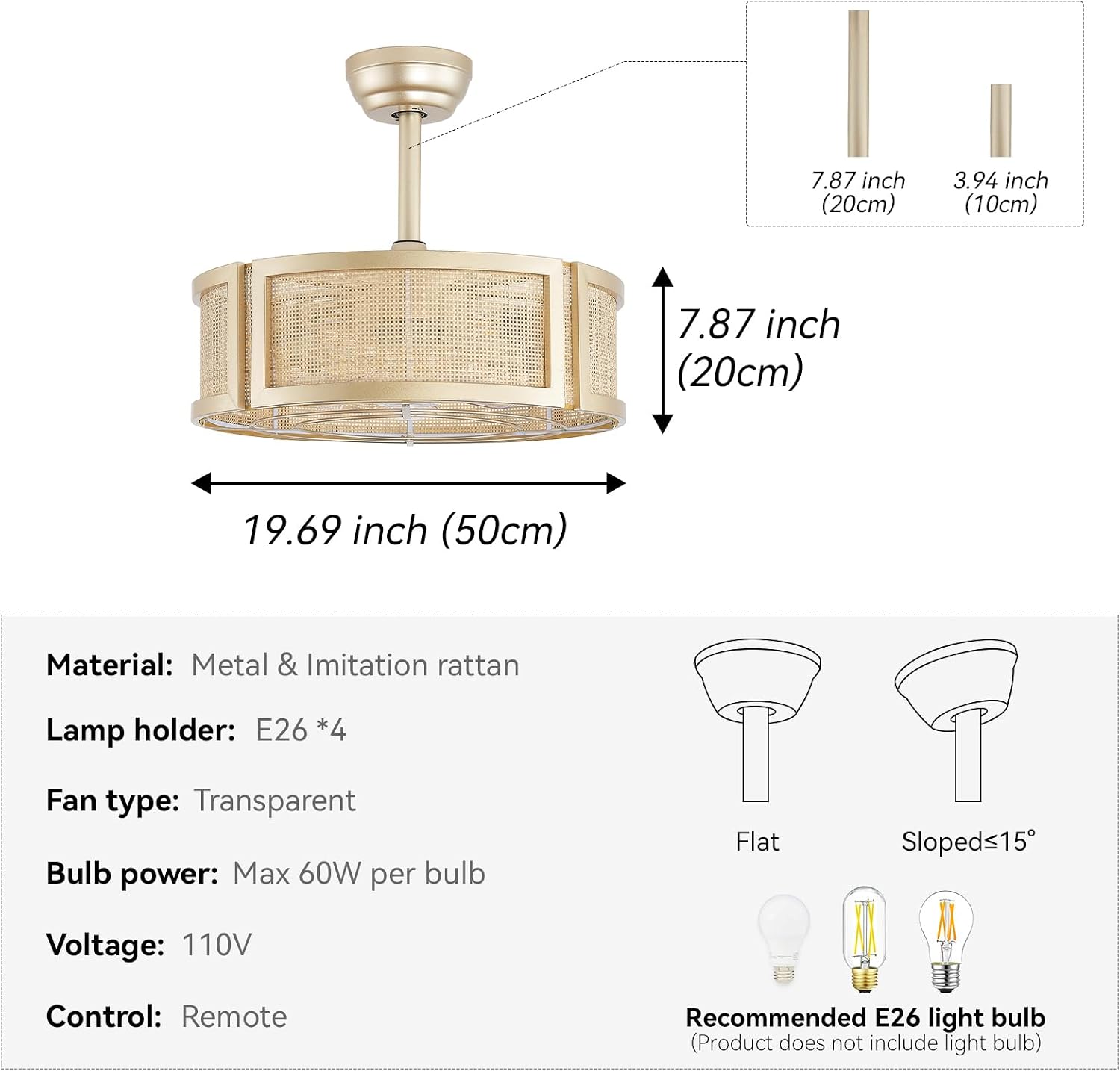 20' Boho Ceiling Fans with Lights, Rattan Fandelier Ceiling Fan with Light Remote Control with Caged 6 Speeds for Bedroom, Nursery, Living Room (Gold)