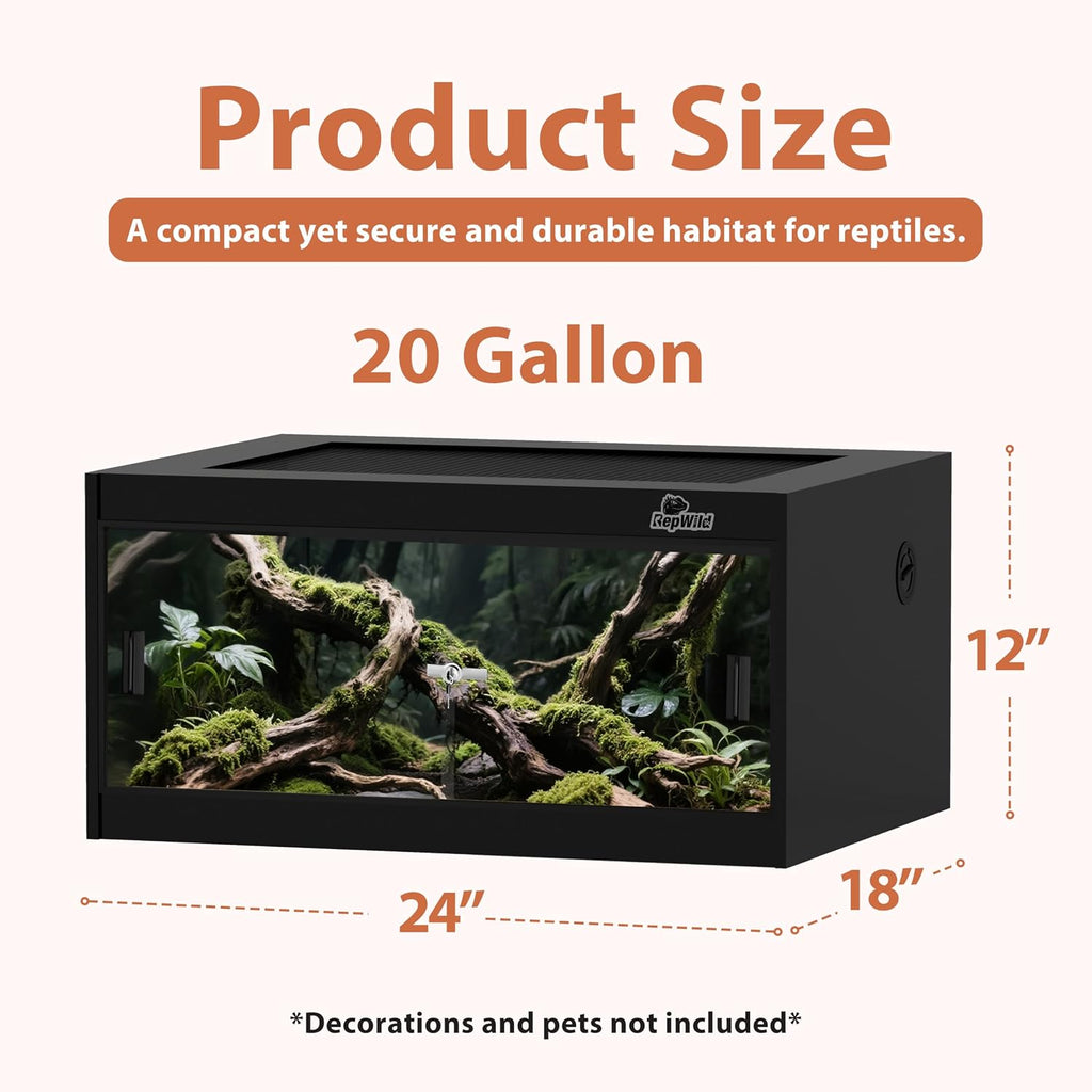 20 Gallon PVC Reptile Enclosure, RepWild 24'x18'x12' Terrarium/Tank with Heavy-Duty Screen Top, Glass Sliding Doors & Lock for Bearded Dragons, Ball Python, Geckos, Lizards