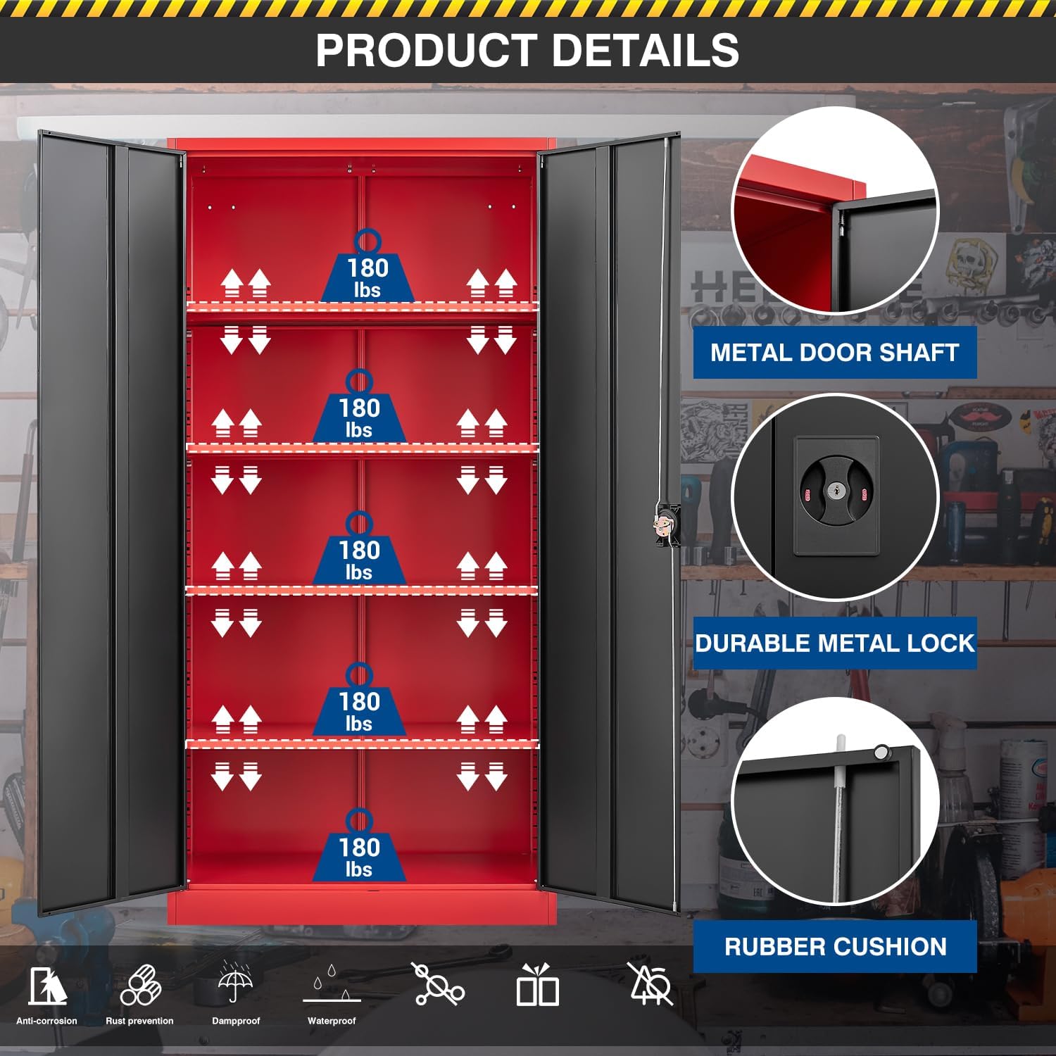 Fesbos Metal Storage Cabinet-72' Tall Steel File Cabinets with Lockable Doors and Adjustable Shelves-Black&Red Steel Storage Cabinet for Kitchen, Office, Garage