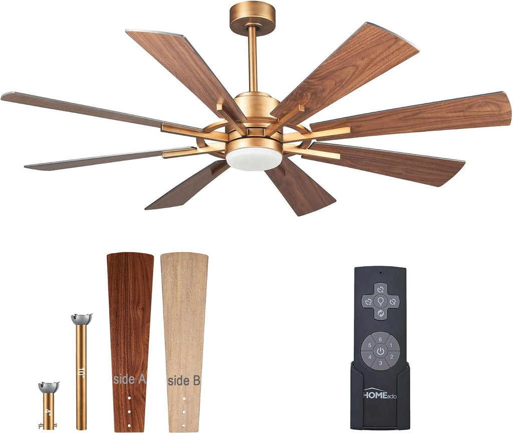 60 Inch Gold Ceiling Fans with Lights and Remote, Modern Large Outdoor Ceiling Fans for Patios, Quiet Reversible DC Motor, 6 Speeds, 3CCT, Timer, Chandelier Ceiling Fan for Living Room Bedroom