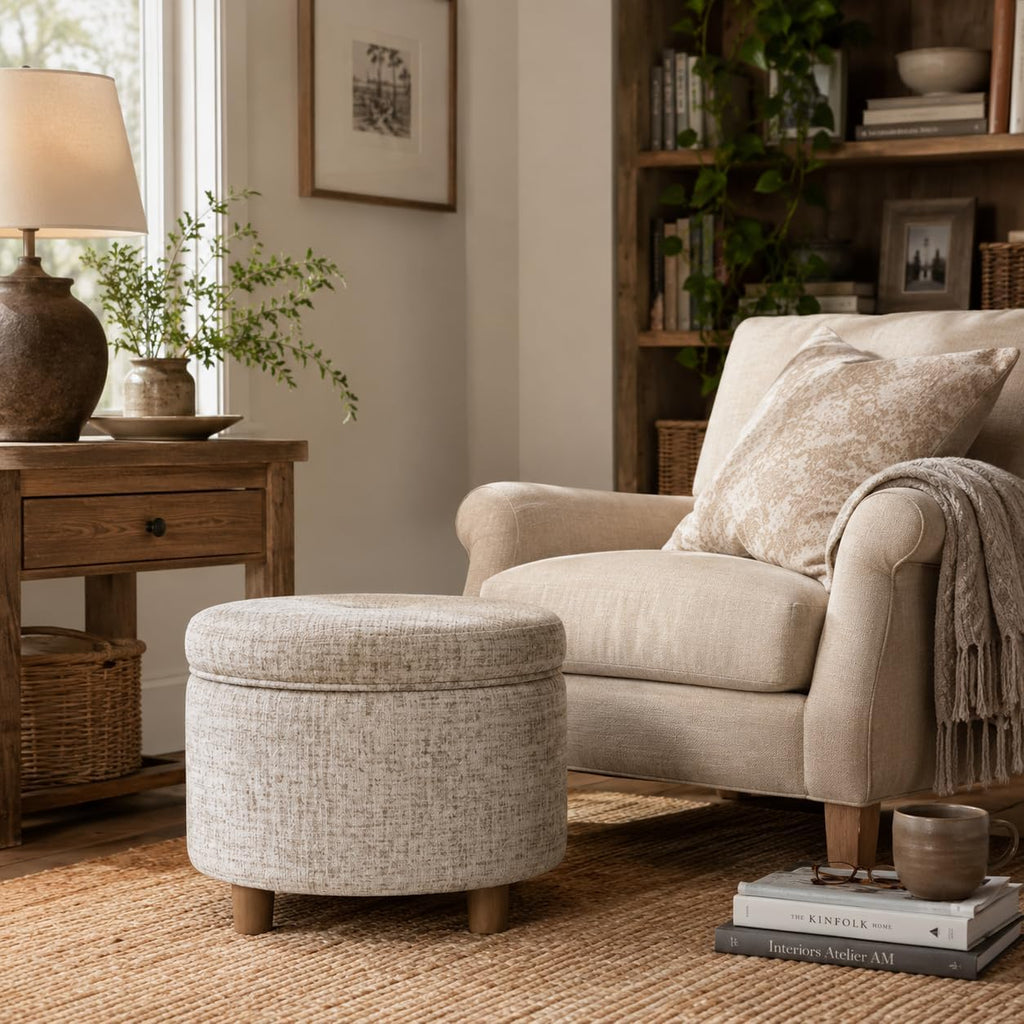 HomePop 24' Large Round Storage Ottoman - Cream Textural Woven