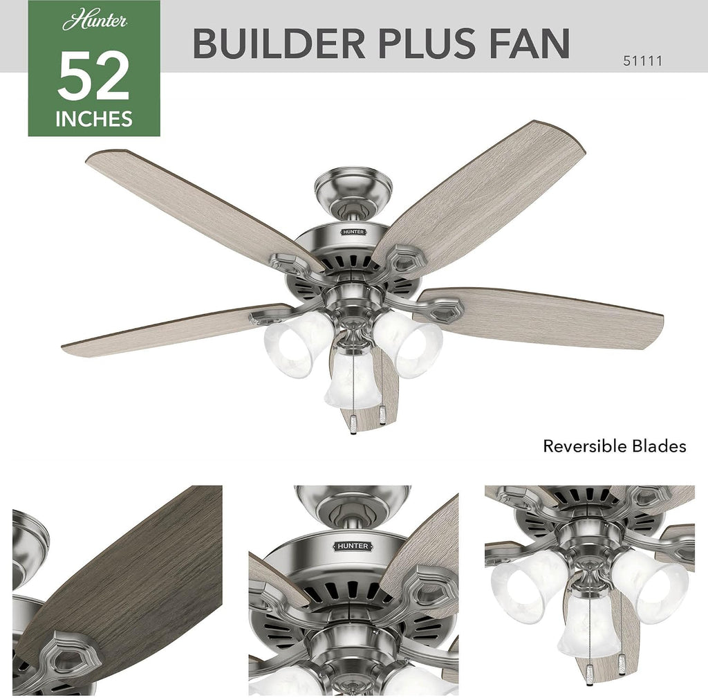 Hunter 52 inch Indoor Ceiling Fan with LED Lights - Ceiling Fan with Pull Chain, For Bedroom or Living Room, Standard Mount, No Remote, 5 Blades, Includes Bulbs - Builder Plus 51111, Brushed Nickel