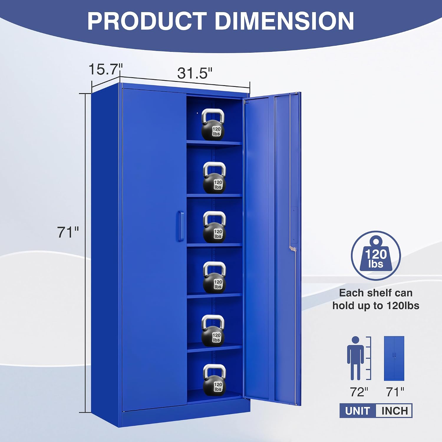 Metal Cabinet with Lock, Tall Storage Cabinet with Door and Adjustable Shelves,Blue Steel Storage Cabinets for Garage,Home Office,Pantry,School,Hospital