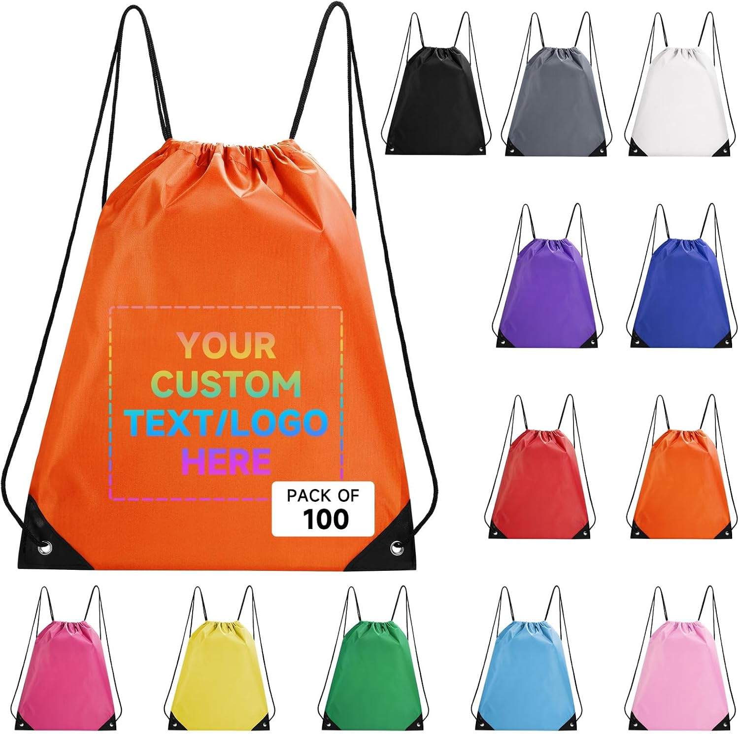 Custom Bags With Logo 100 Pack,Promotional Items Personalized Drawstring Backpack Bags Great for Gym and Everyday Use (Orange)