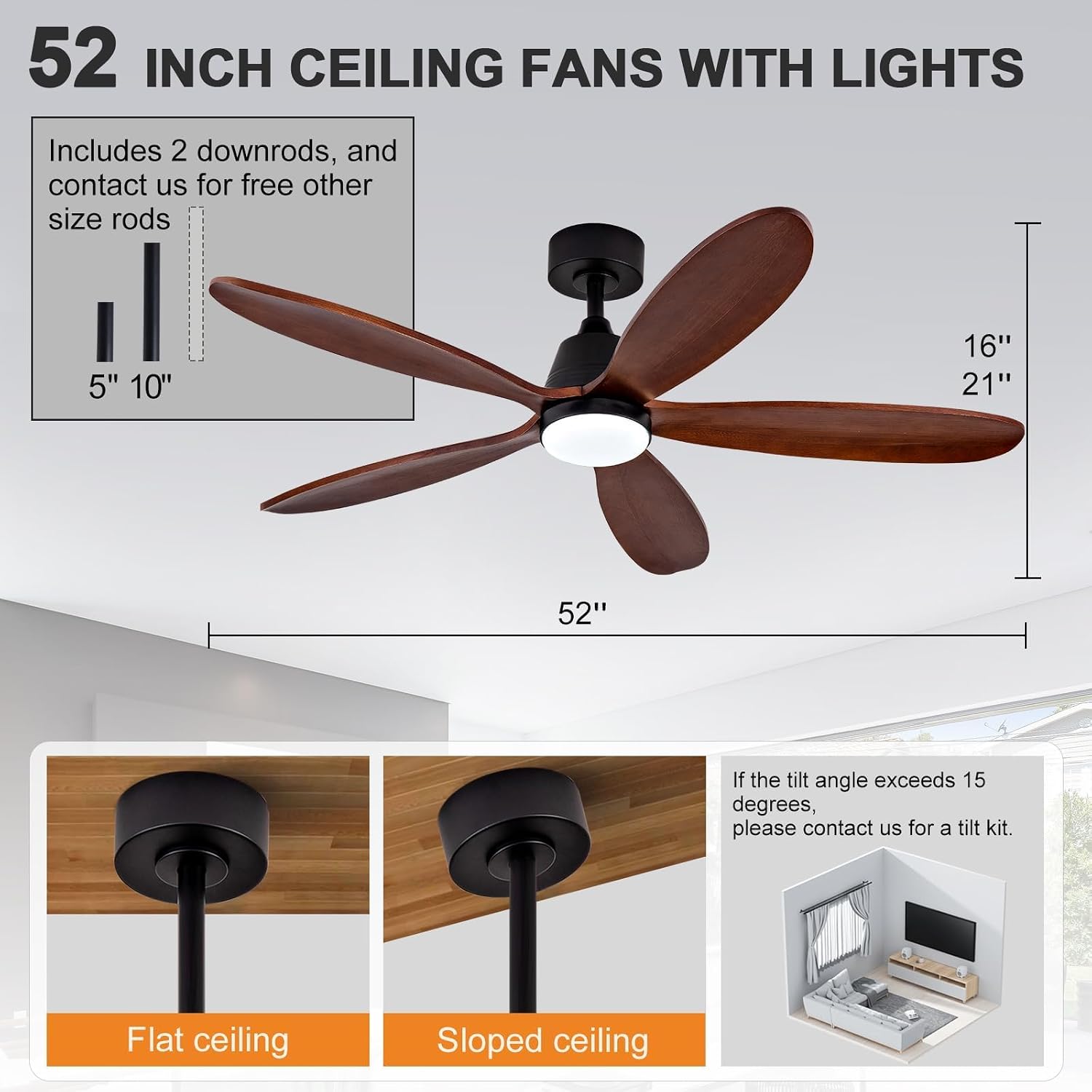 52 Inch Ceiling Fans with Lights and Remote, Modern Wood Ceiling Fan with Light, Indoor Outdoor Ceiling Fan for Patio Bedroom, Dimmable, Reversible DC Motor, Memory Function (Black Walnut)