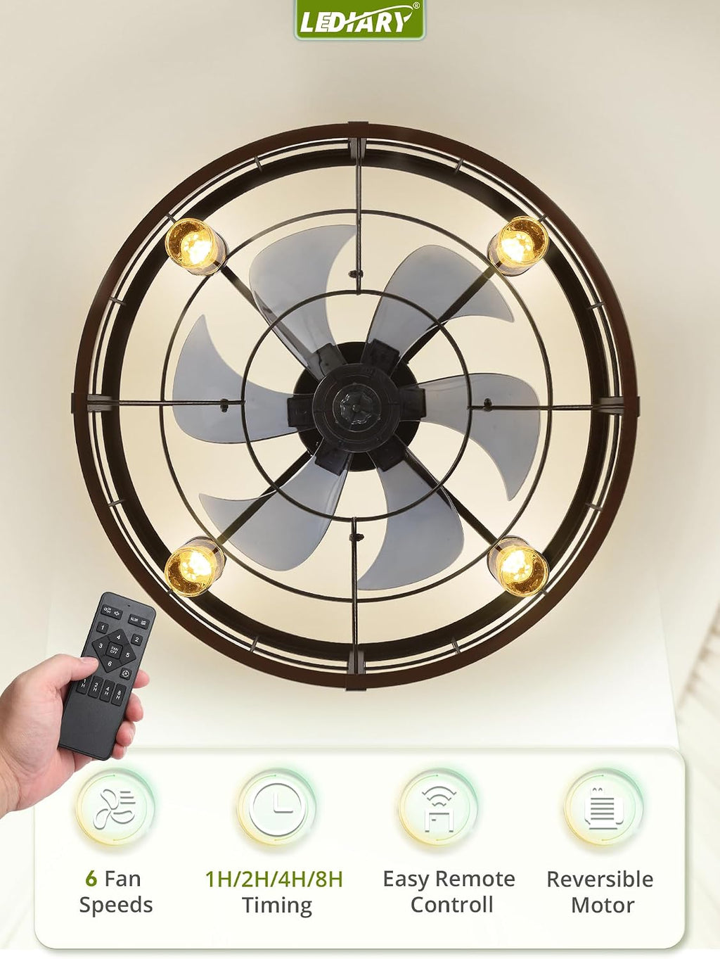 LEDIARY Outdoor Ceiling Fan with Lights for Patios- 22' Waterproof Plug in Gazebo Fan with Remote Control&Timer, 6-Speed Reversible Motor, Hanging Caged Ceiling Fan for Porch, Pergola, Walnut