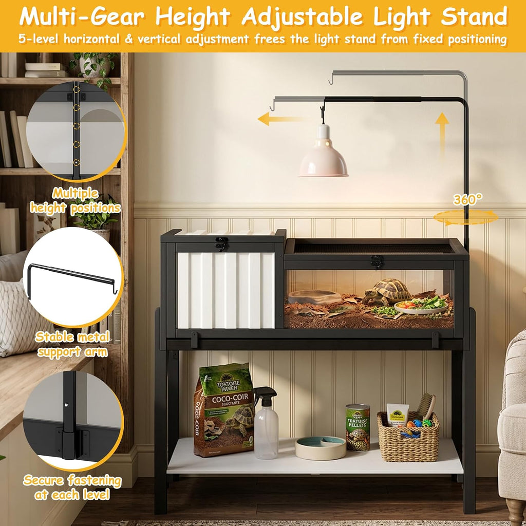 PetsCosset Indoor Tortoise Habitat with Storage Shelf & Adjustable Metal Light Stand, Modern Tortoise Enclosure with PVC Shelter, Elevated Tortoise Table for Sulcata, Hermann's & Russian Tortoises