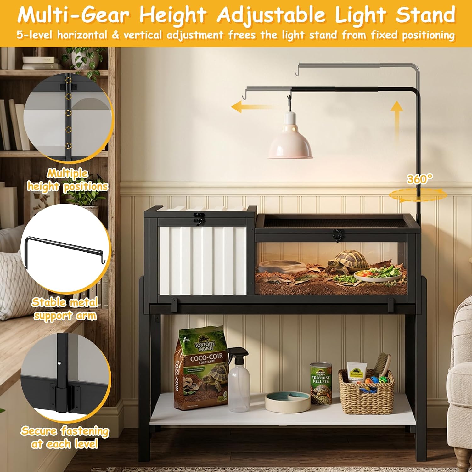 PetsCosset Indoor Tortoise Habitat with Storage Shelf & Adjustable Metal Light Stand, Modern Tortoise Enclosure with PVC Shelter, Elevated Tortoise Table for Sulcata, Hermann's & Russian Tortoises