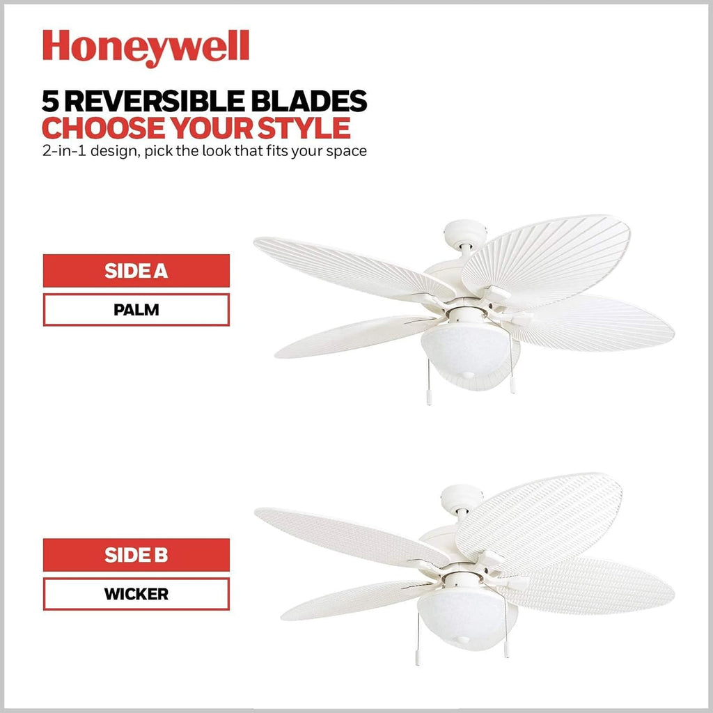 Honeywell Ceiling Fans Inland Breeze Tropical 52 Inch Indoor Outdoor Ceiling Fan with Light, Pull Chain, 5 Blades with Reversible Motor, White