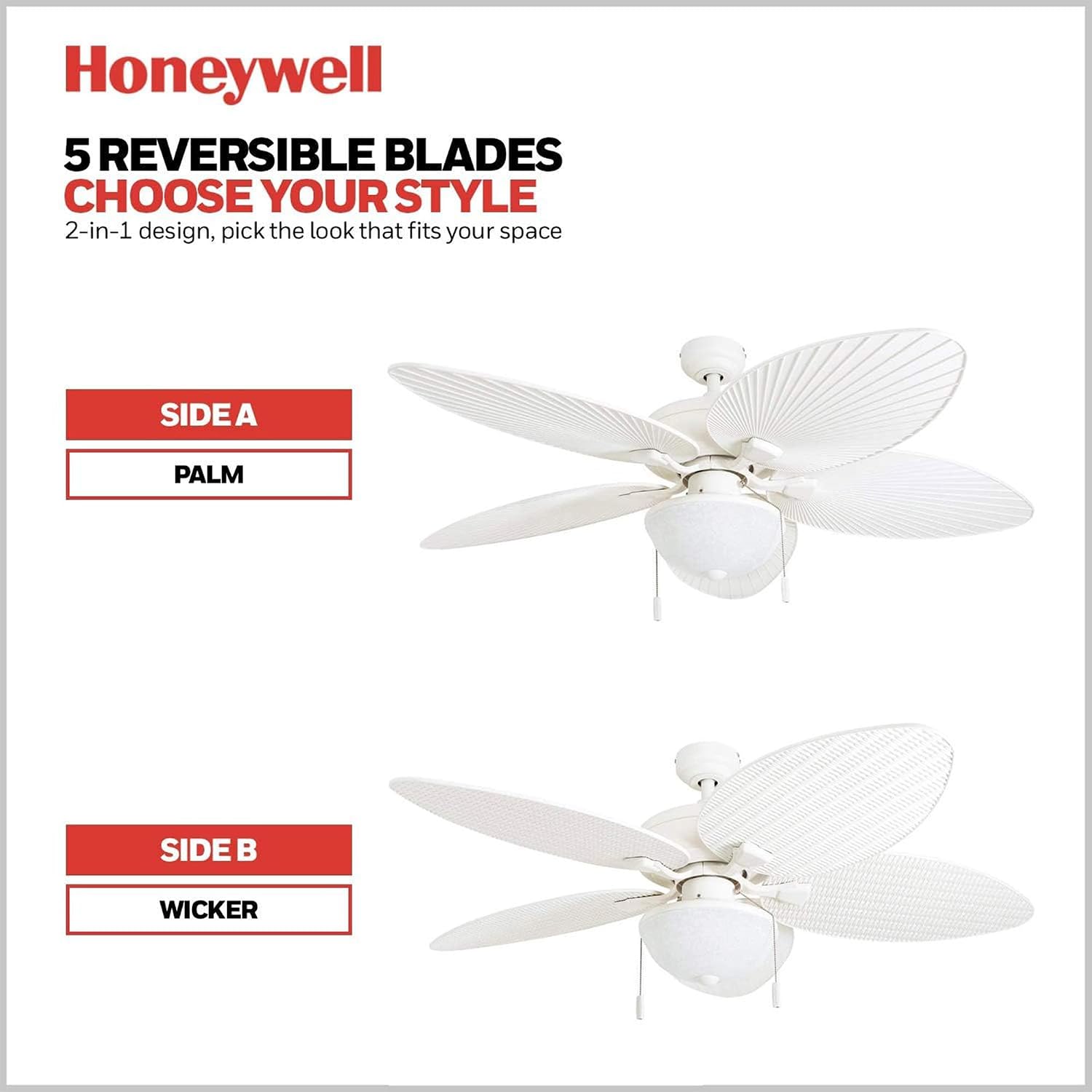 Honeywell Ceiling Fans Inland Breeze Tropical 52 Inch Indoor Outdoor Ceiling Fan with Light, Pull Chain, 5 Blades with Reversible Motor, White