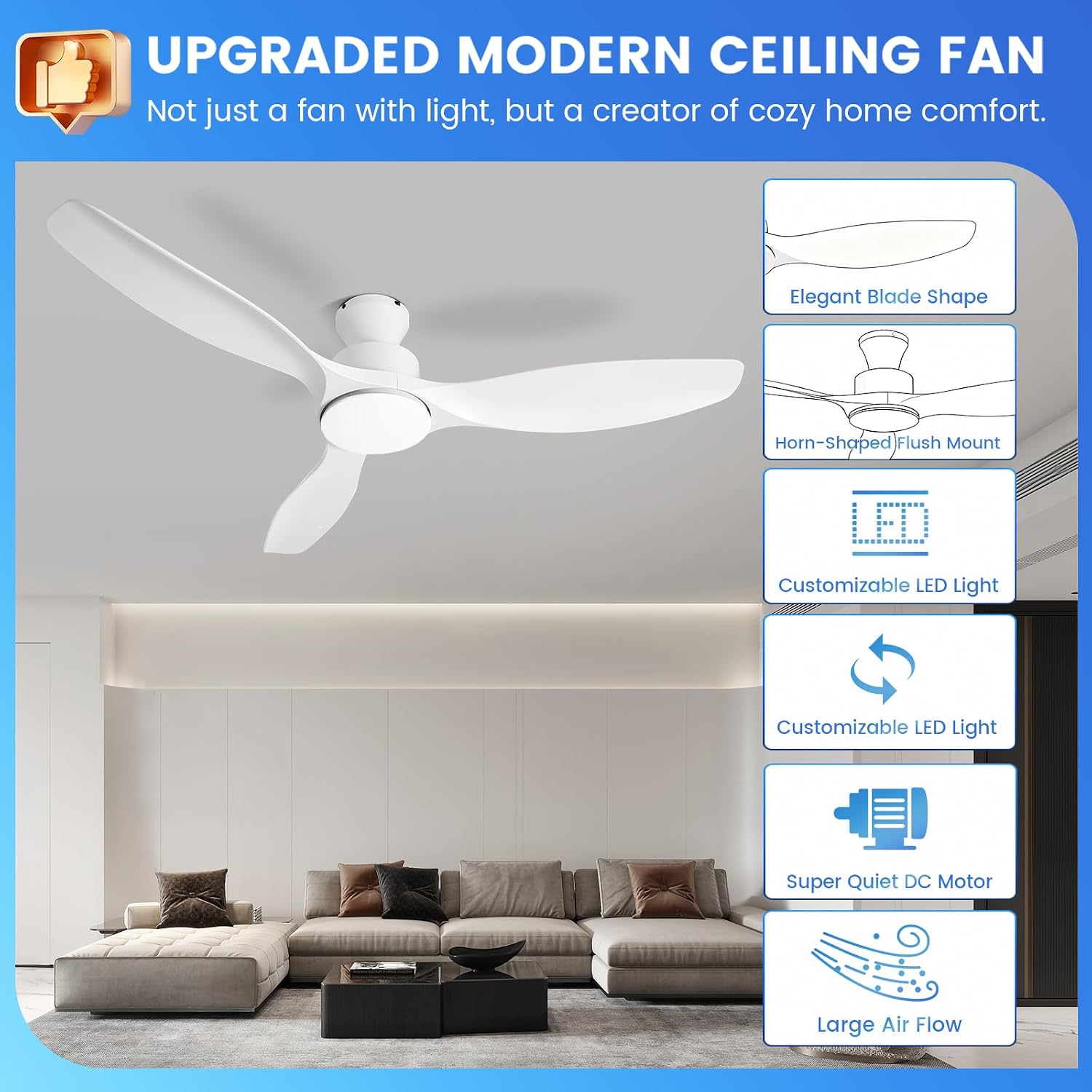 52' White Ceiling Fan with Light and Remote, Flush Mount Low Profile Ceiling Fans, Ceiling Fan with Dimmable LED Lights, 6 Speed, Silent Reversible DC Motor,White Fan for Bedroom/Living Room/Patios