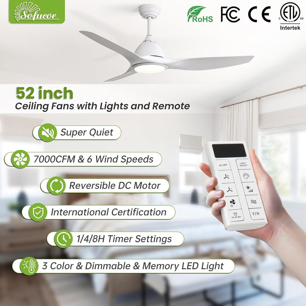 Sofucor 52 Inch Smart Ceiling Fan with Light, Modern Ceiling Fan with 3 Plastic Blade, Quiet, Dimmable, Compatible with Alexa/Google/App, 6 Speeds 7000CFM, Timer Quiet Reversible DC Motor, ETL, White
