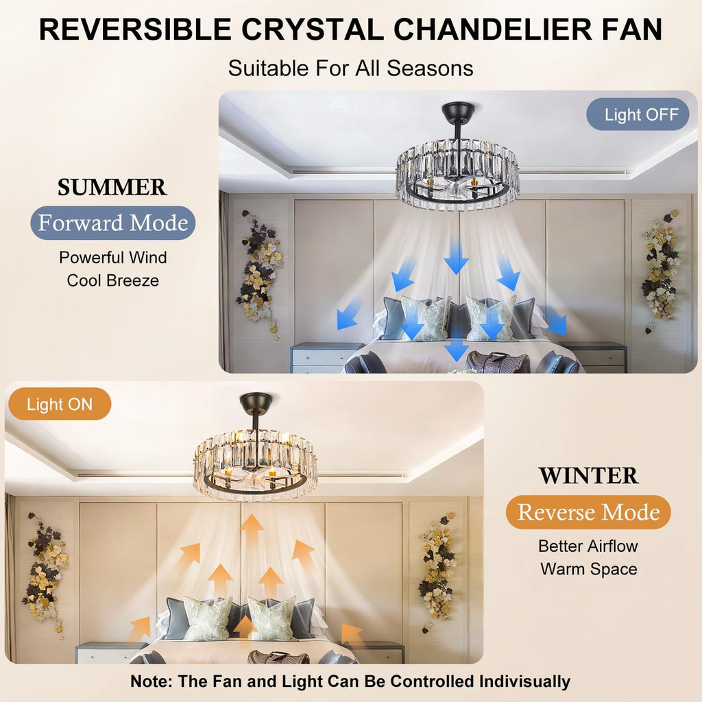 CLAIRDAI 20.7' Crystal Caged Ceiling Fan Black Fandelier Ceiling Fan with Lights and 6 Speed Retractable Ceiling Fans for Bedroom Living Room (6*E12, Bulbs not Included)