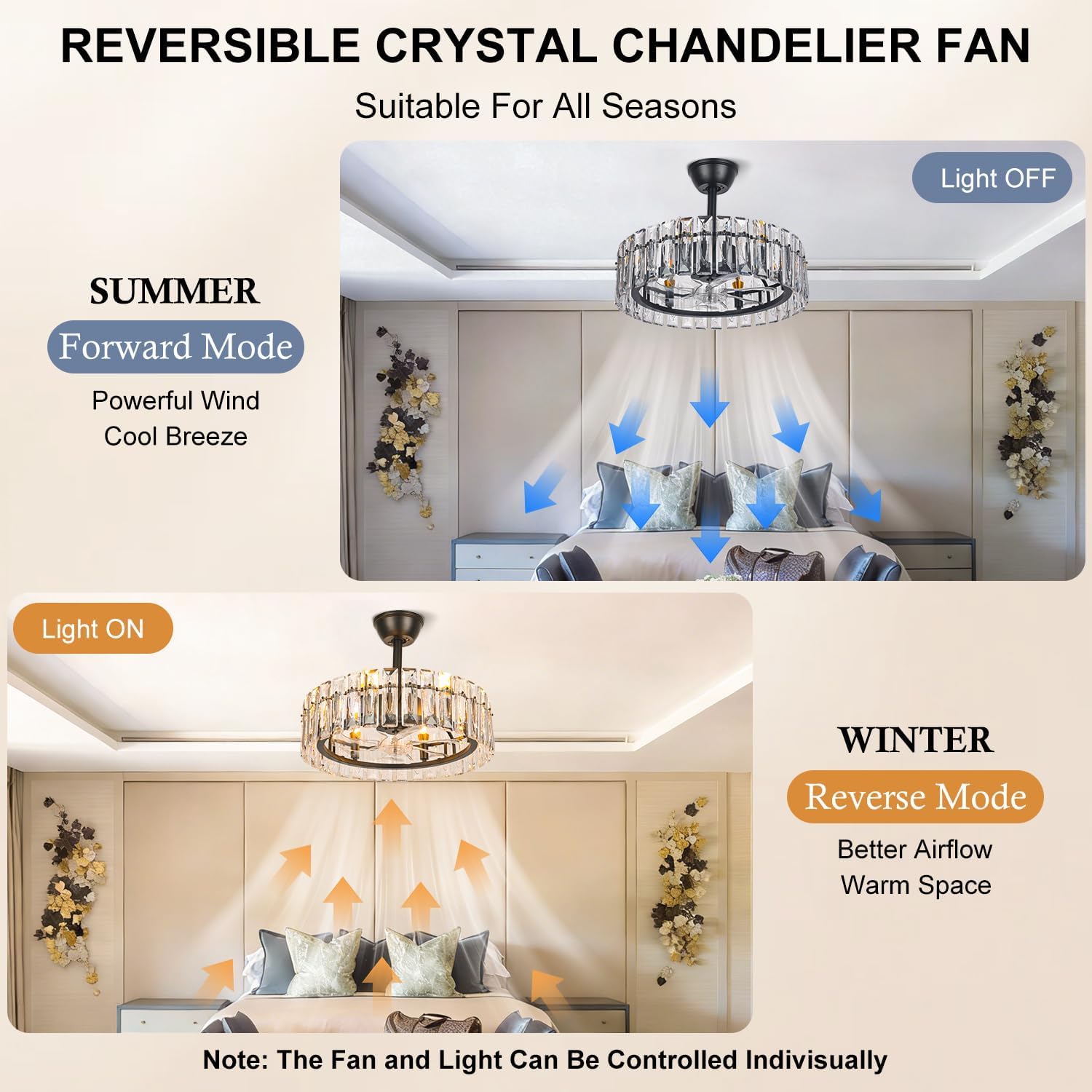 CLAIRDAI 20.7' Crystal Caged Ceiling Fan Black Fandelier Ceiling Fan with Lights and 6 Speed Retractable Ceiling Fans for Bedroom Living Room (6*E12, Bulbs not Included)