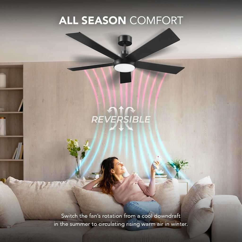 Globe Electric Veloria 52 in. Ceiling Fan with LED Light, Remote Control, WhisperQuiet DC Motor, 6 Speeds, Matte Black, Reversible Blades