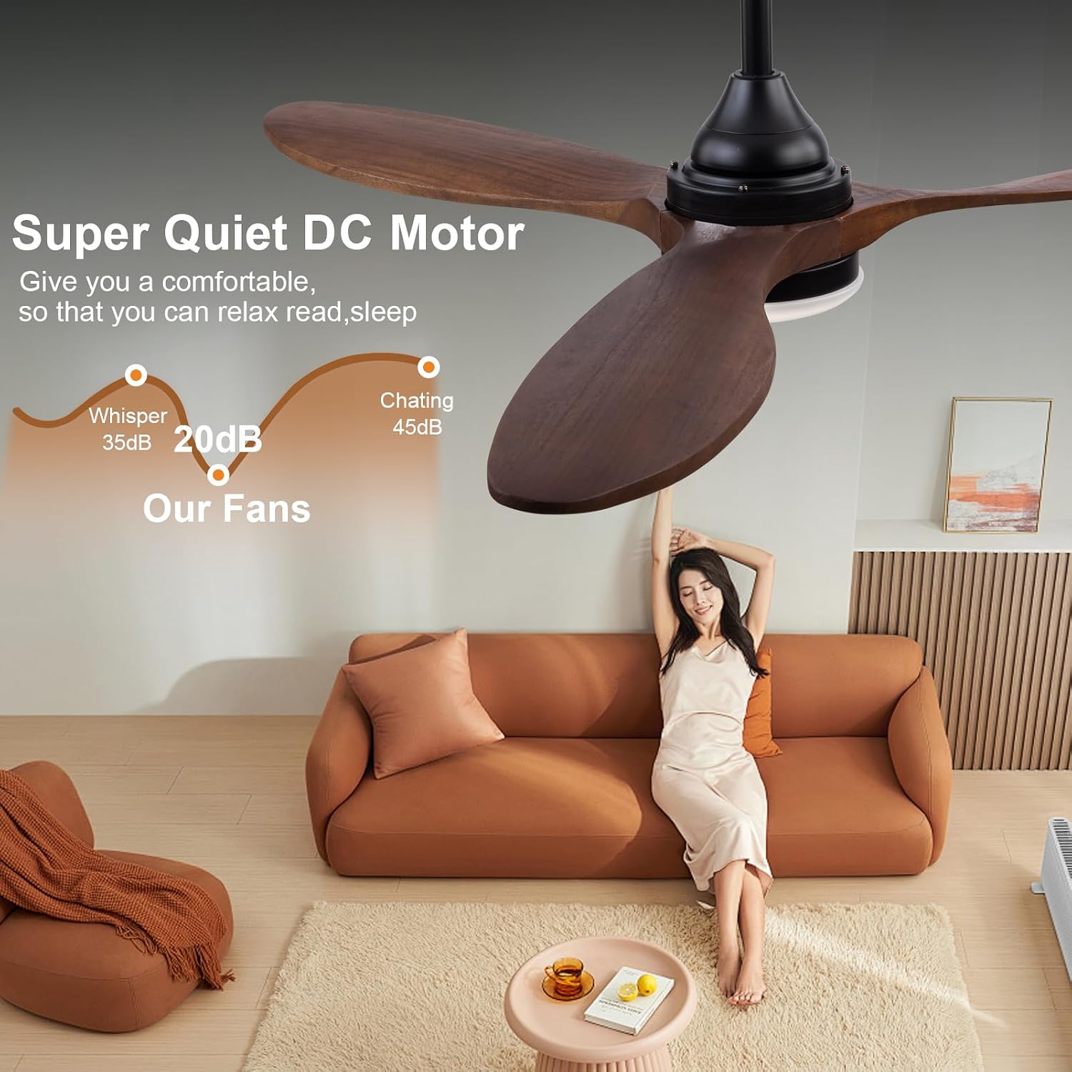 52 Inch Solid Wood Outdoor Ceiling Fans with Lights and Remote,Walnut 3 Blades,Dimmable,6 Speed Quiet DC Motor, Indoor Outdoor Ceiling Fan for Patios Bedroom Living Room