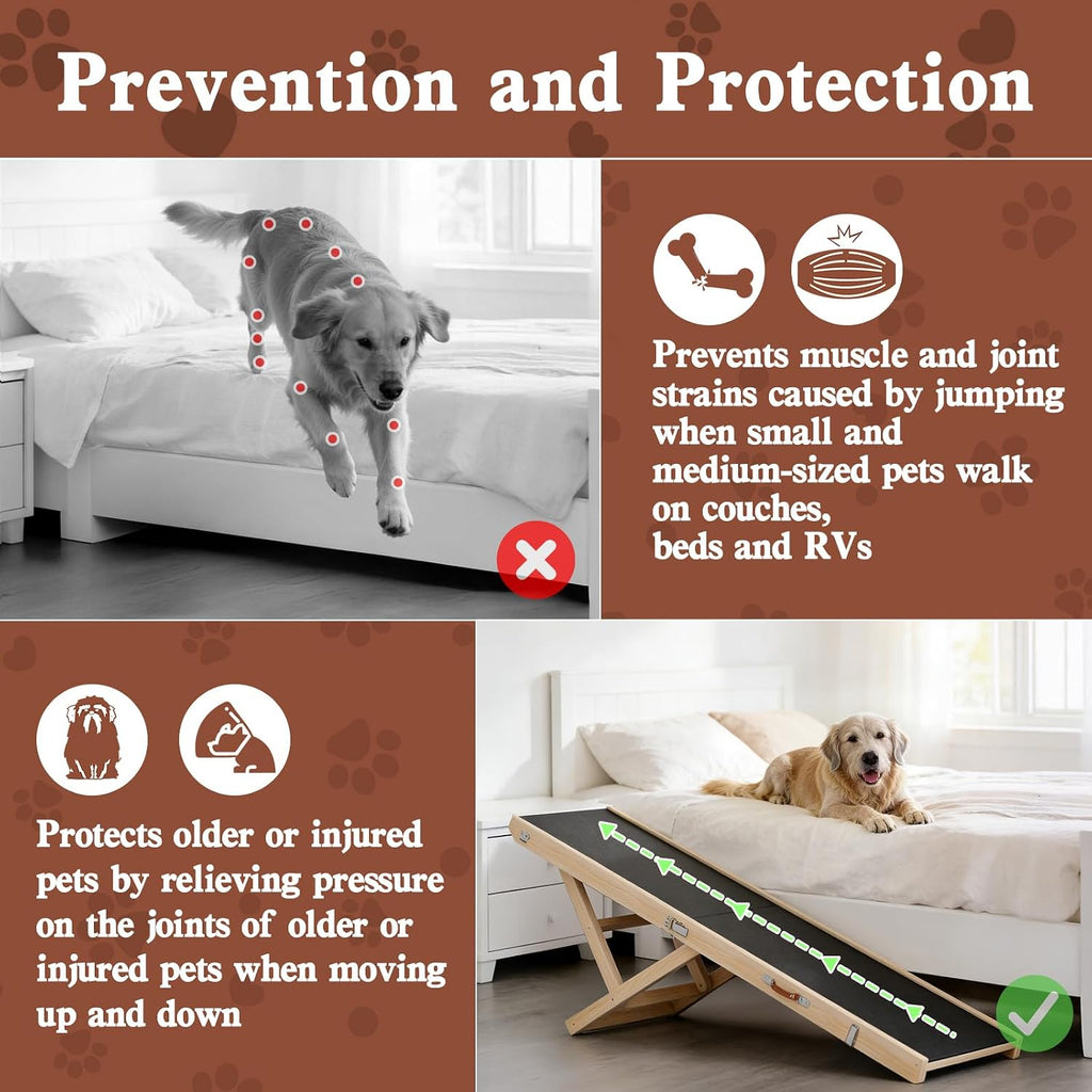 Dog Ramp for High Bed, Couch, Car, 64' Long Foldable Pet Ramp & 5 Adjustable Heights 19.7'-31.5' Wooden Dog Step with Anti-Slip Yoga Mat for Small Medium Large Older Pets, up to 200lbs