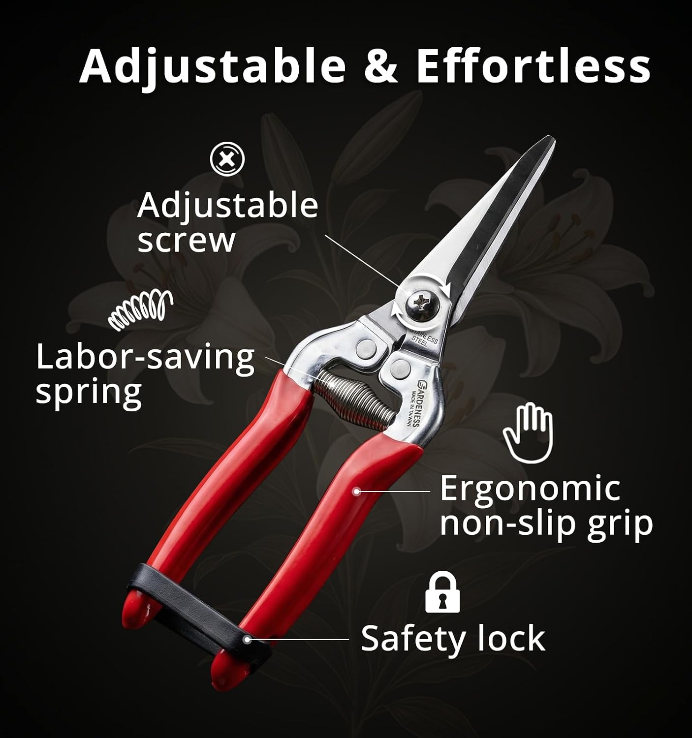 Gardeness 12PCS Pruning Shear Straight Pruning Snip with Stainless Steel Serrated Blade, Adjustable Joint Screw Micro Tip Garden Scissor for Arranging, Trimming, Harvesting Fruit, Vegetables