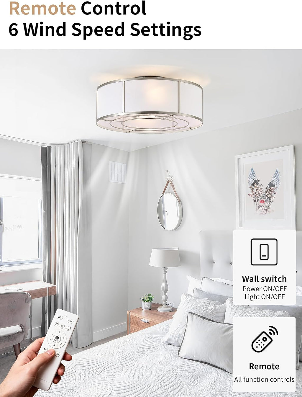 Caged Ceiling Fans with Lights Flush Mount, Low Profile Ceiling Fan with Lights Remote Control, 20'' Modern Bladeless 6 Speeds for Bedroom, Nursery, Kitchen, Silver