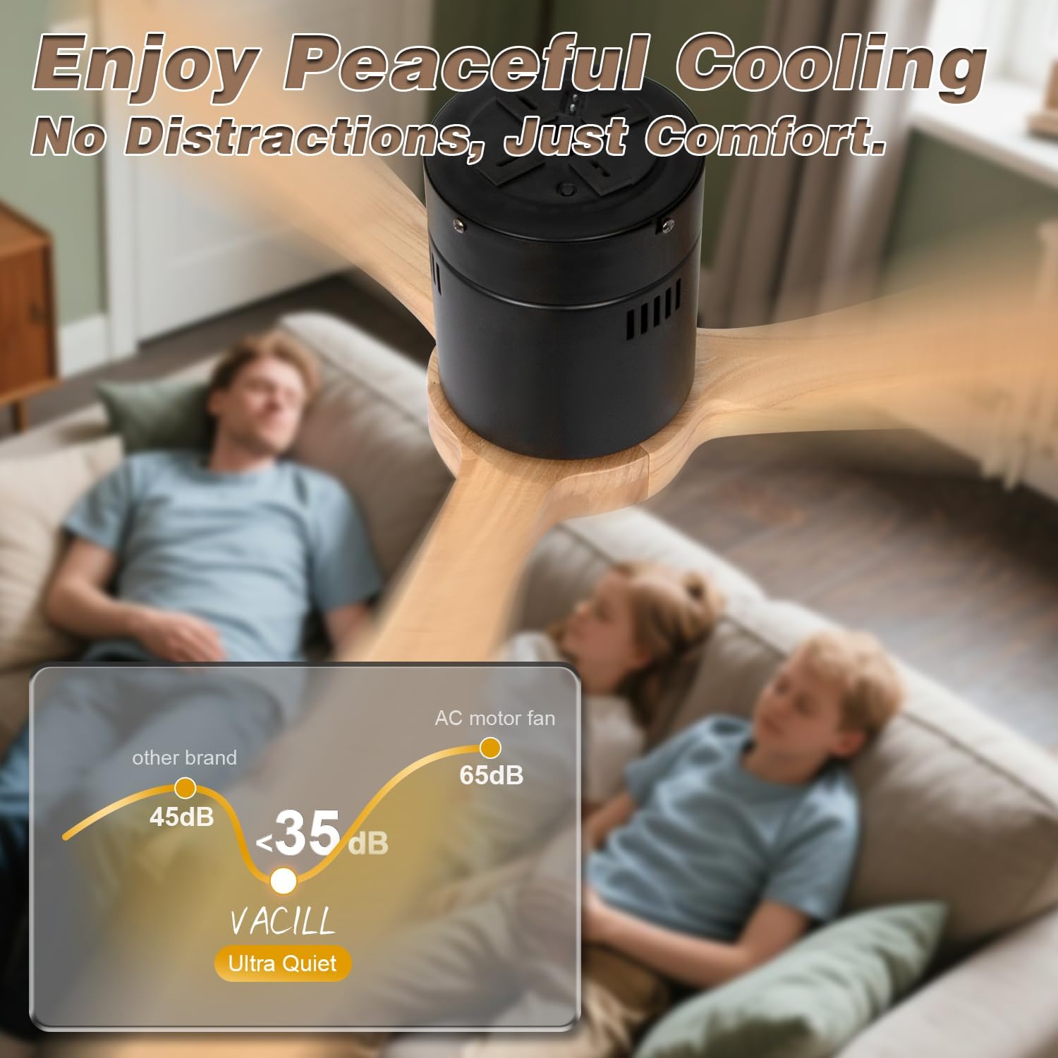 VACILL Flush Mount Ceiling Fan with Light,Low Profile Ceiling Fan,Natural Wooden Fan Blades,6 Speed,LED Dimmable,DC Motor,52 inch,Natural Wood Blade