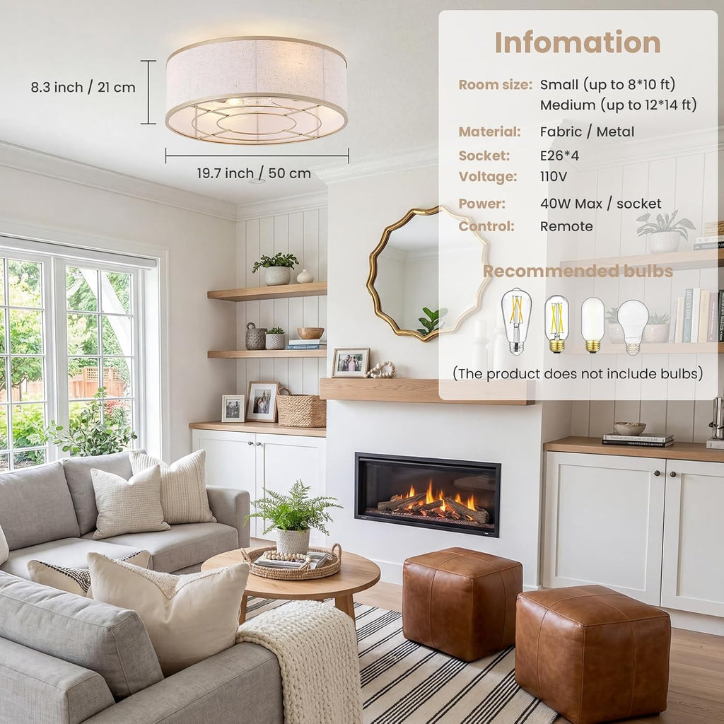 20 Inch Boho Ceiling Fan with Light, Low Profile Flush Mount Caged Ceiling Fan, Bladeless Gold Drum Chandelier with Remote, 6 Speed Reversible DC Motor for Bedroom Living Room, E26 Base